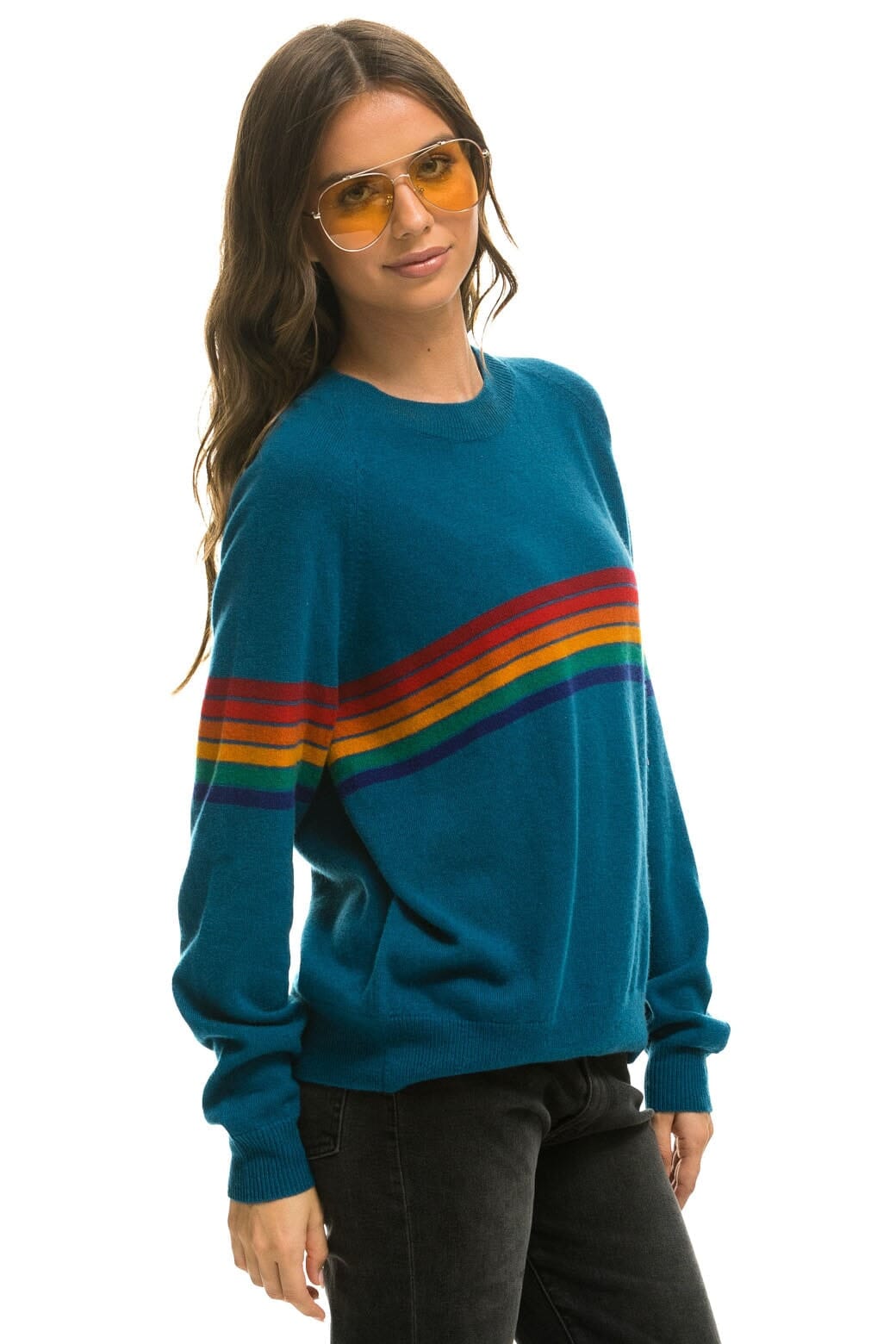 Retro RAINBOW STRIPE 6 UNISEX LIGHT CASHMERE SWEATER - PEACOCK
