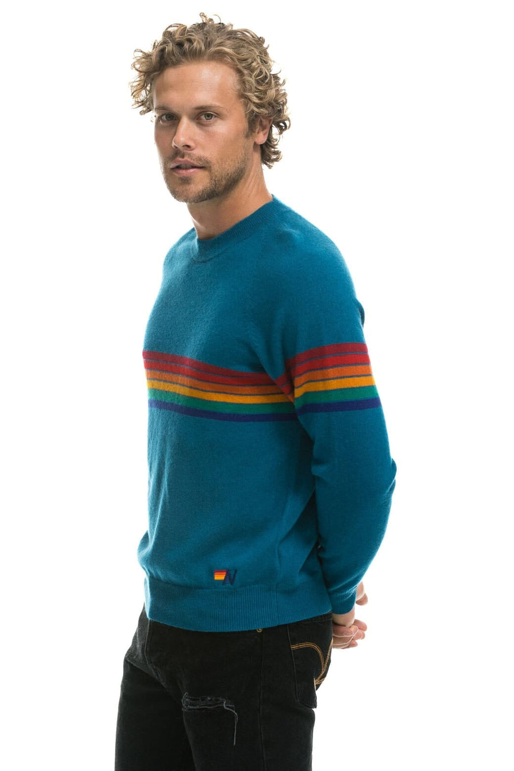 Retro RAINBOW STRIPE 6 UNISEX LIGHT CASHMERE SWEATER - PEACOCK