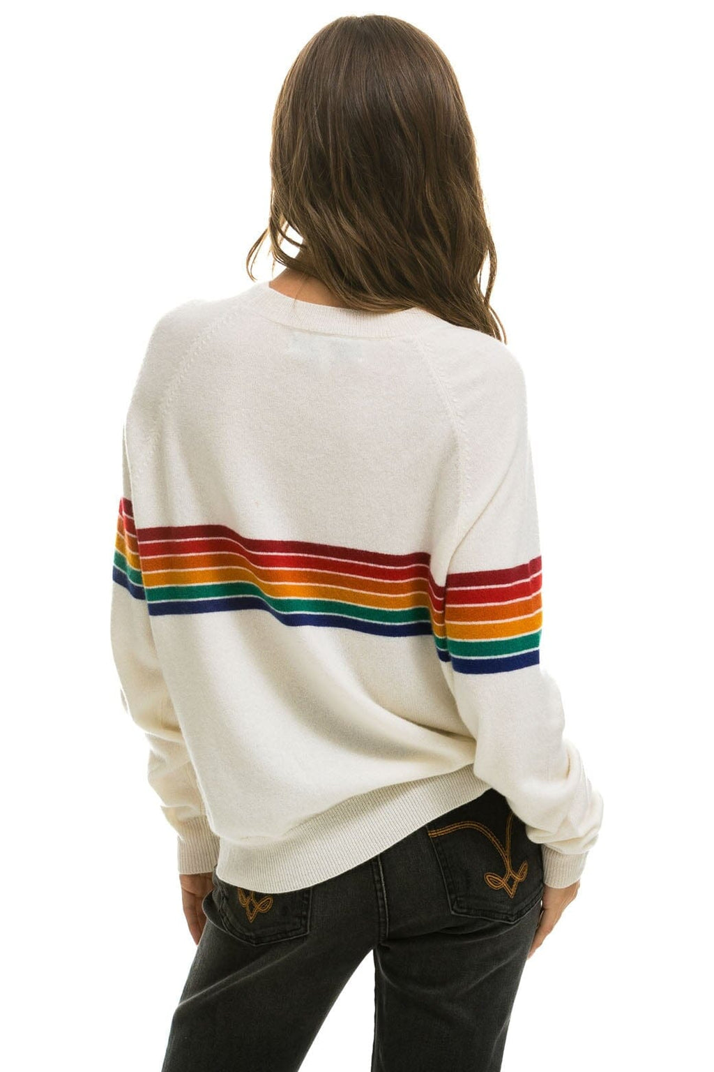 Retro RAINBOW STRIPE 6 UNISEX LIGHT CASHMERE SWEATER - SNOW