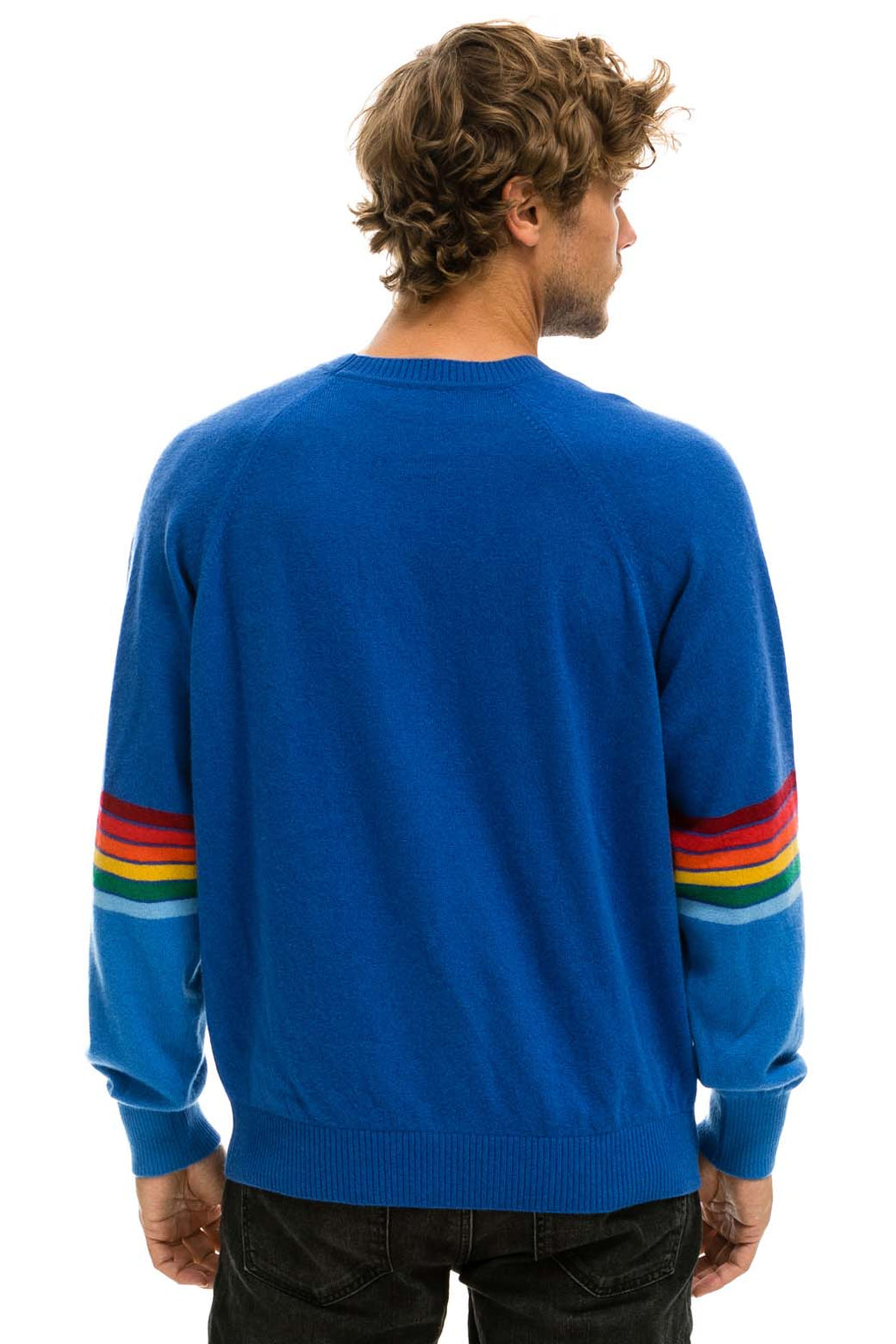 Retro RAINBOW STRIPE SLEEVE UNISEX CASHMERE LIGHT SWEATER - VINTAGE BLUE