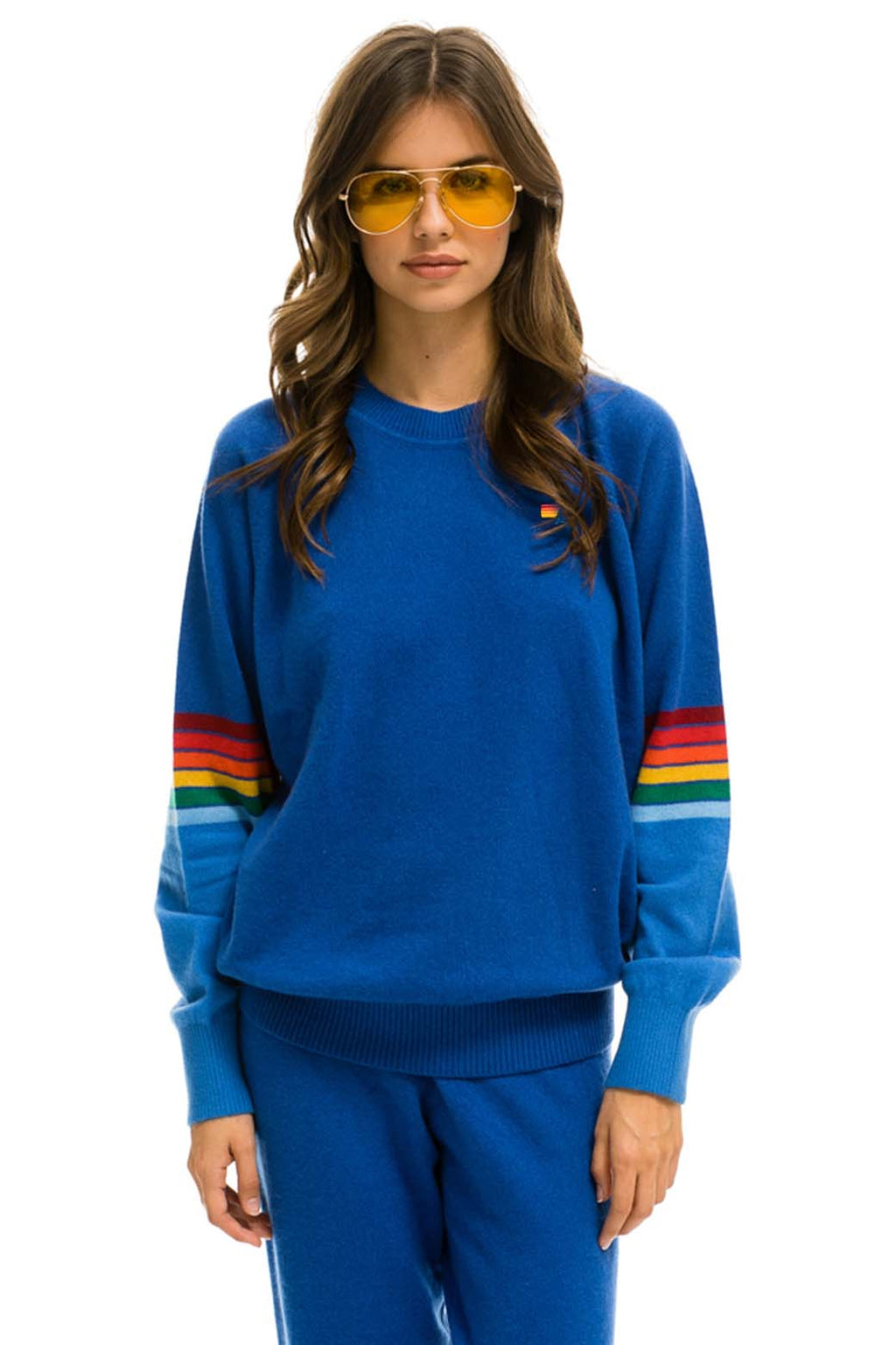 Retro RAINBOW STRIPE SLEEVE UNISEX CASHMERE LIGHT SWEATER - VINTAGE BLUE