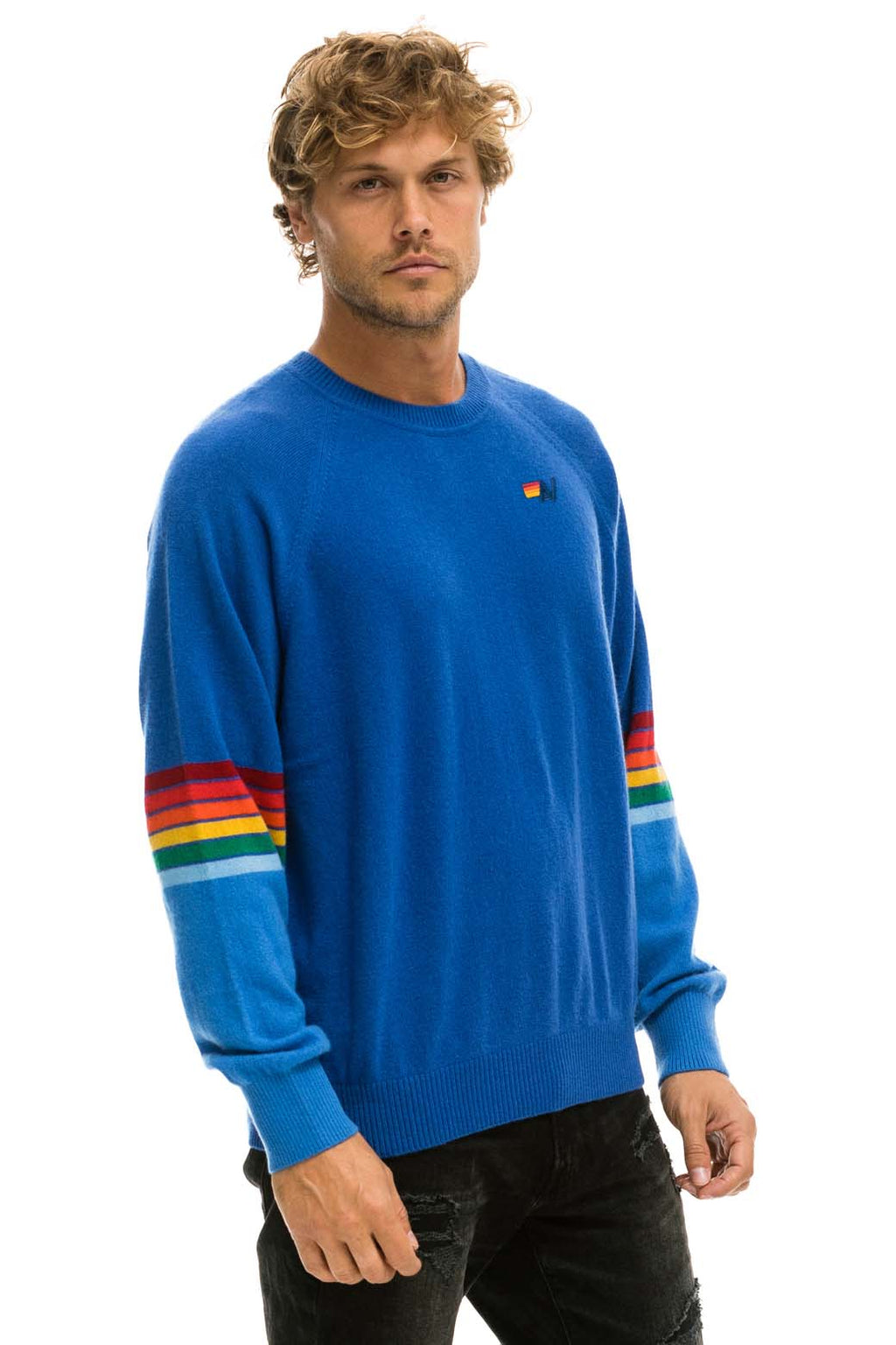 Retro RAINBOW STRIPE SLEEVE UNISEX CASHMERE LIGHT SWEATER - VINTAGE BLUE