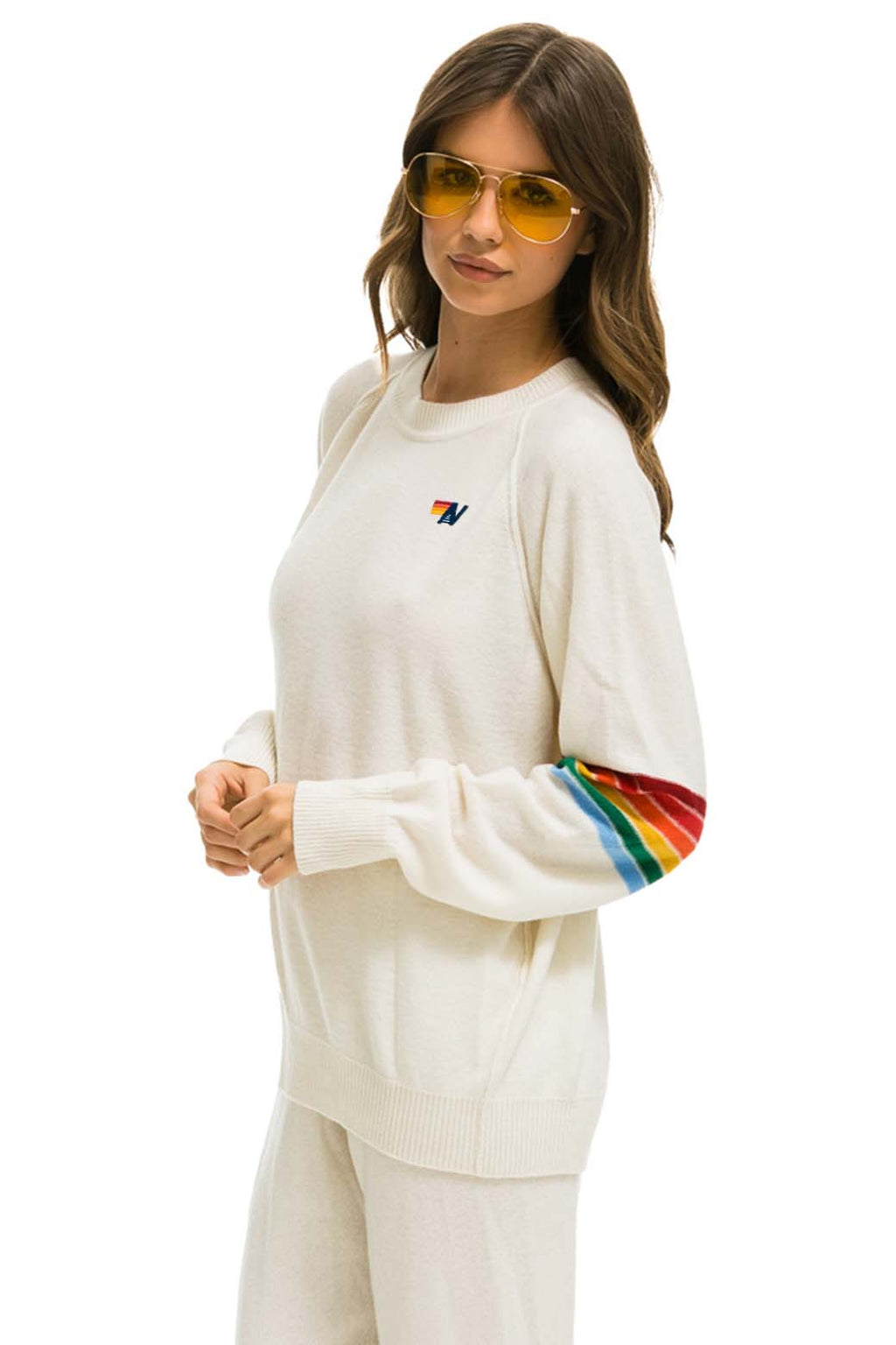 Retro RAINBOW STRIPE SLEEVE UNISEX CASHMERE LIGHT SWEATER - VINTAGE WHITE