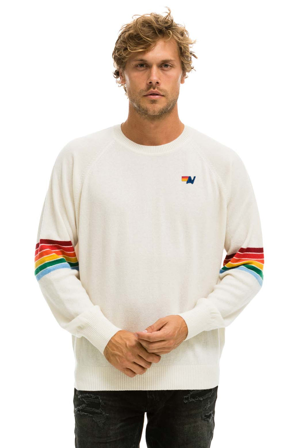 Retro RAINBOW STRIPE SLEEVE UNISEX CASHMERE LIGHT SWEATER - VINTAGE WHITE