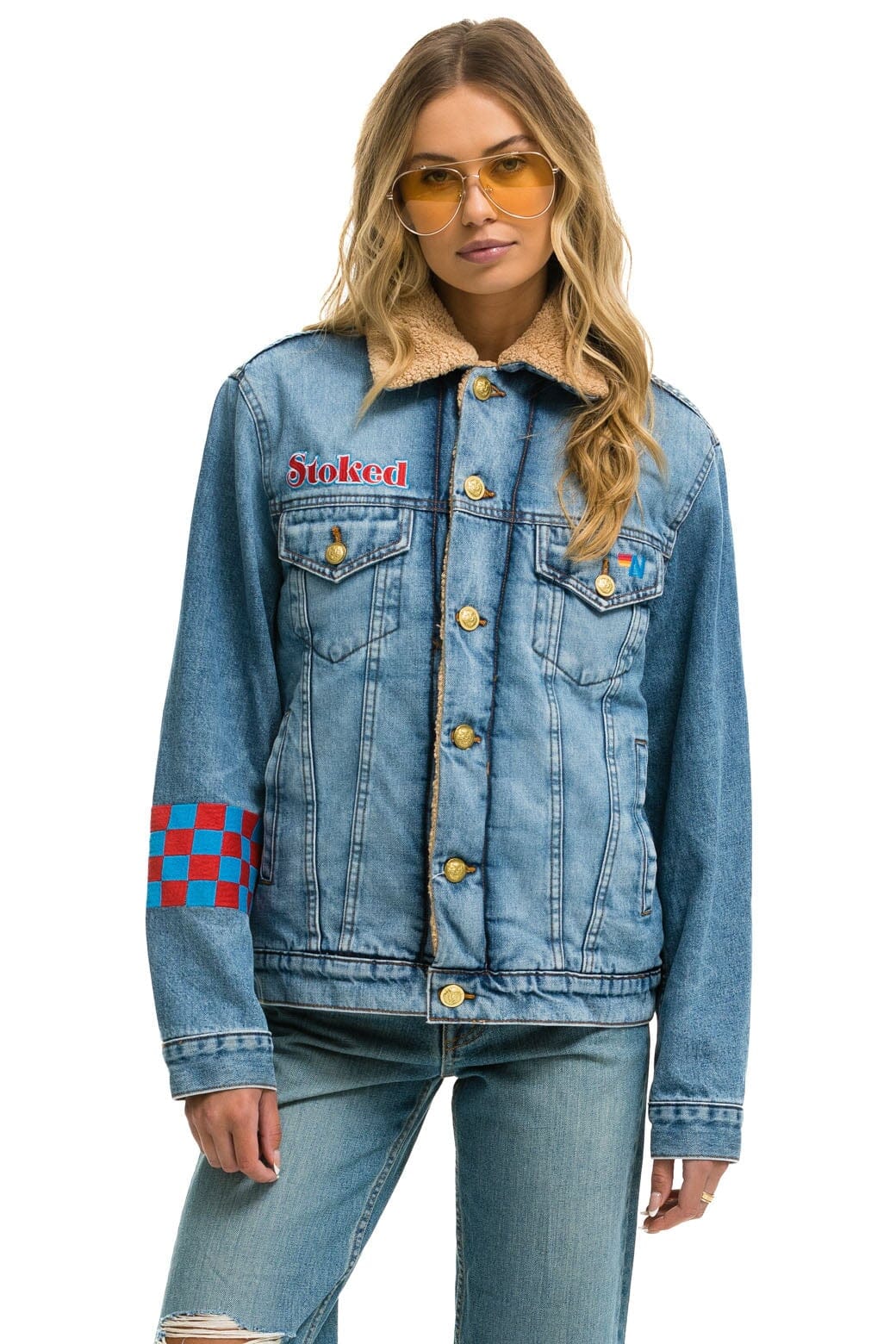 Retro SMALL STOKED BOLT SMILEY RANCH SHERPA DENIM JACKET - SUPER LIGHT