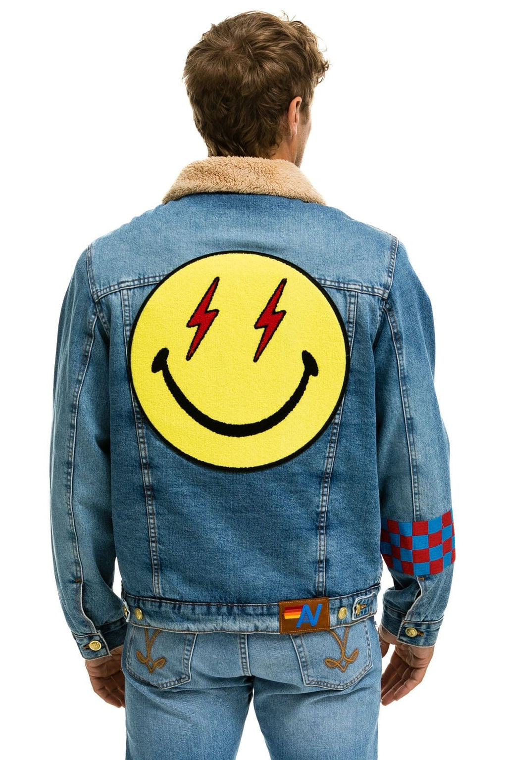Retro SMALL STOKED BOLT SMILEY RANCH SHERPA DENIM JACKET - SUPER LIGHT