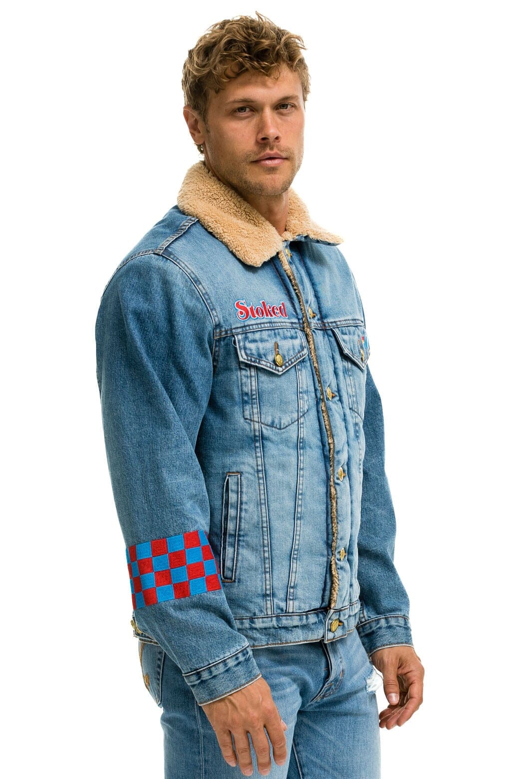 Retro SMALL STOKED BOLT SMILEY RANCH SHERPA DENIM JACKET - SUPER LIGHT