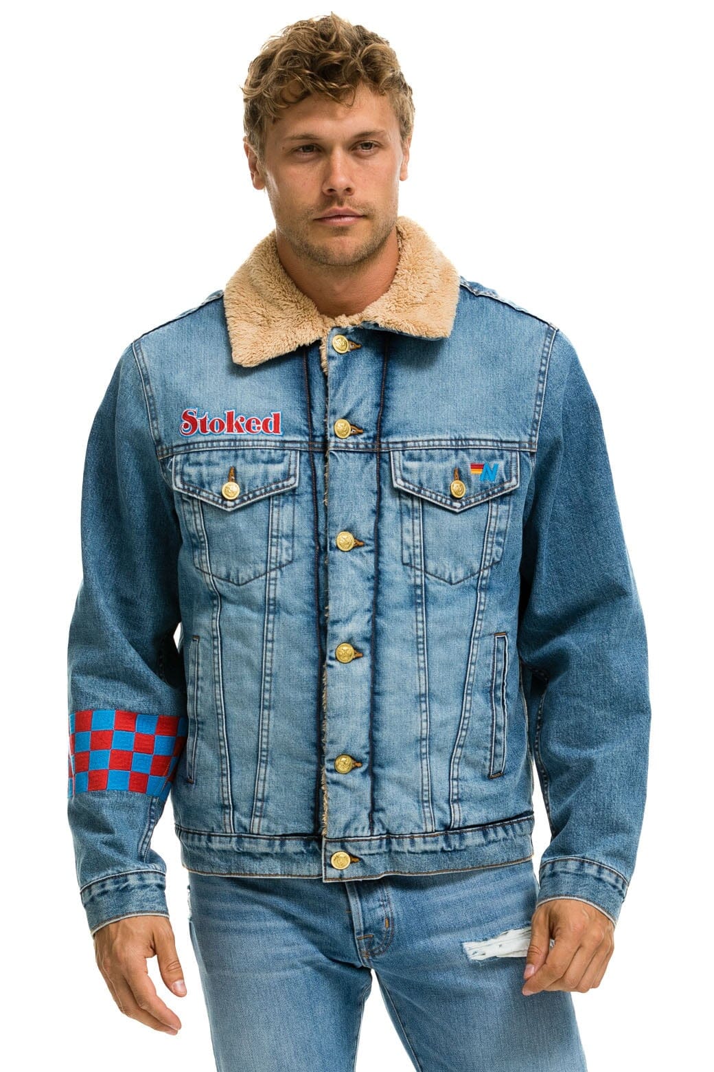 Retro SMALL STOKED BOLT SMILEY RANCH SHERPA DENIM JACKET - SUPER LIGHT