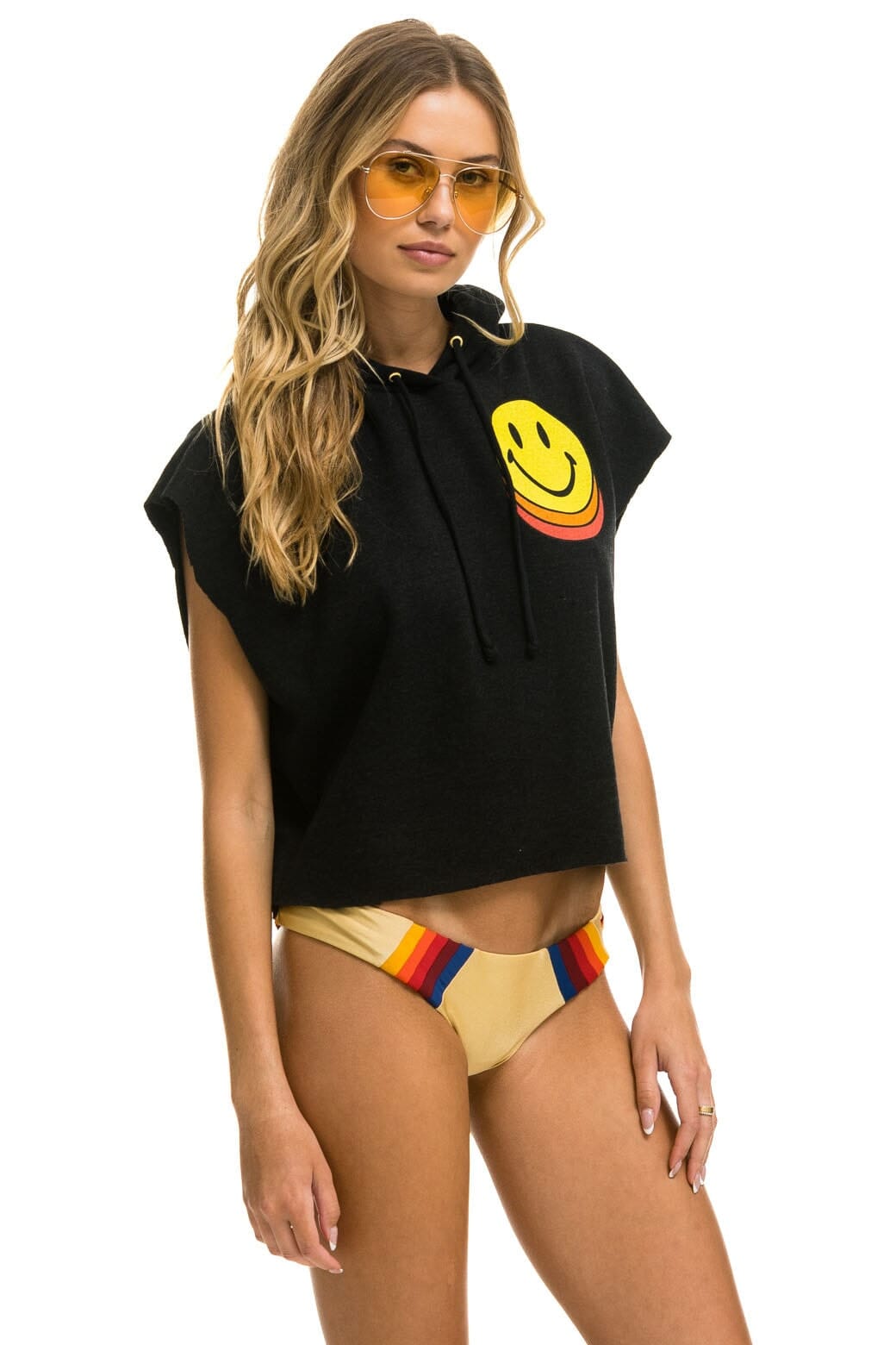 Retro SMILEY SUNSET SLEEVELESS RELAXED CROPPED PULLOVER HOODIE - BLACK