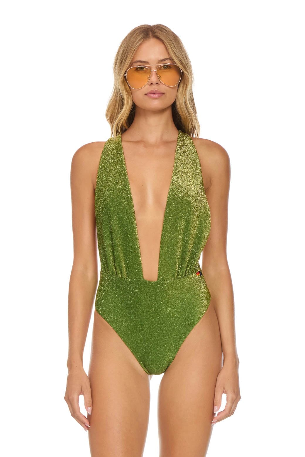 Retro SPARKLE COMO DEEP PLUNGE CROSS BACK WOMENS ONE PIECE - ARMY