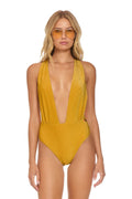 Retro SPARKLE COMO DEEP PLUNGE CROSS BACK WOMENS ONE PIECE - GOLD