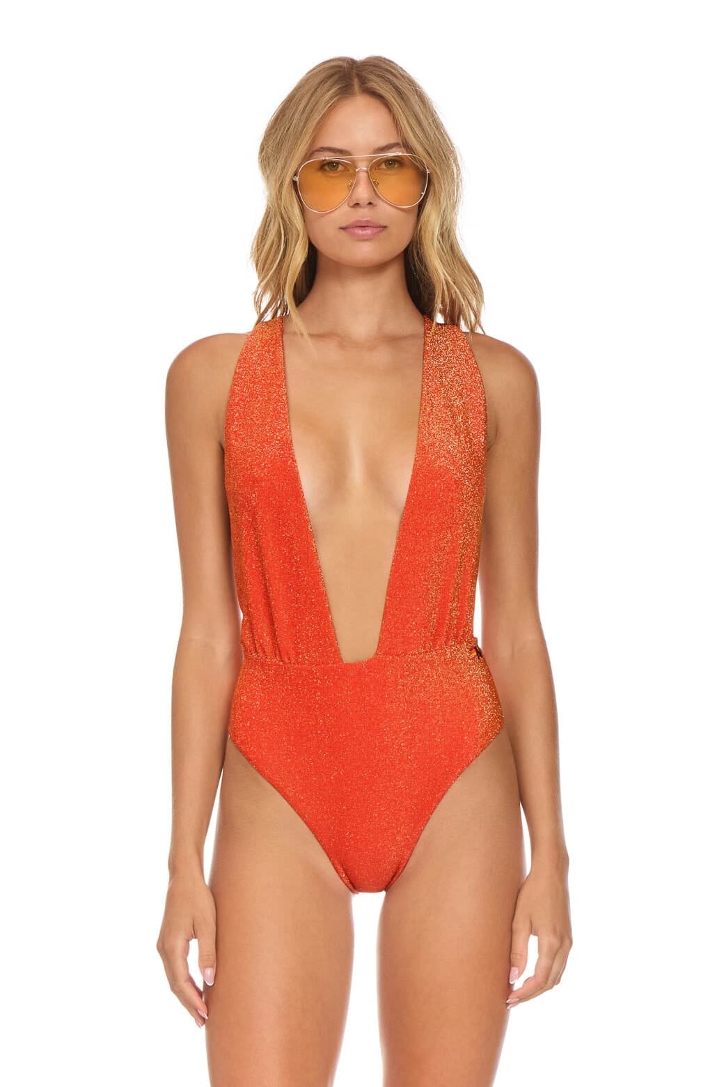 Retro SPARKLE COMO DEEP PLUNGE CROSS BACK WOMENS ONE PIECE - HOT CORAL