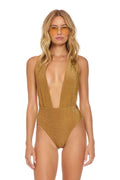 Retro SPARKLE COMO DEEP PLUNGE CROSS BACK WOMENS ONE PIECE - MOCHA