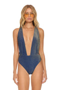 Retro SPARKLE COMO DEEP PLUNGE CROSS BACK WOMENS ONE PIECE - NAVY
