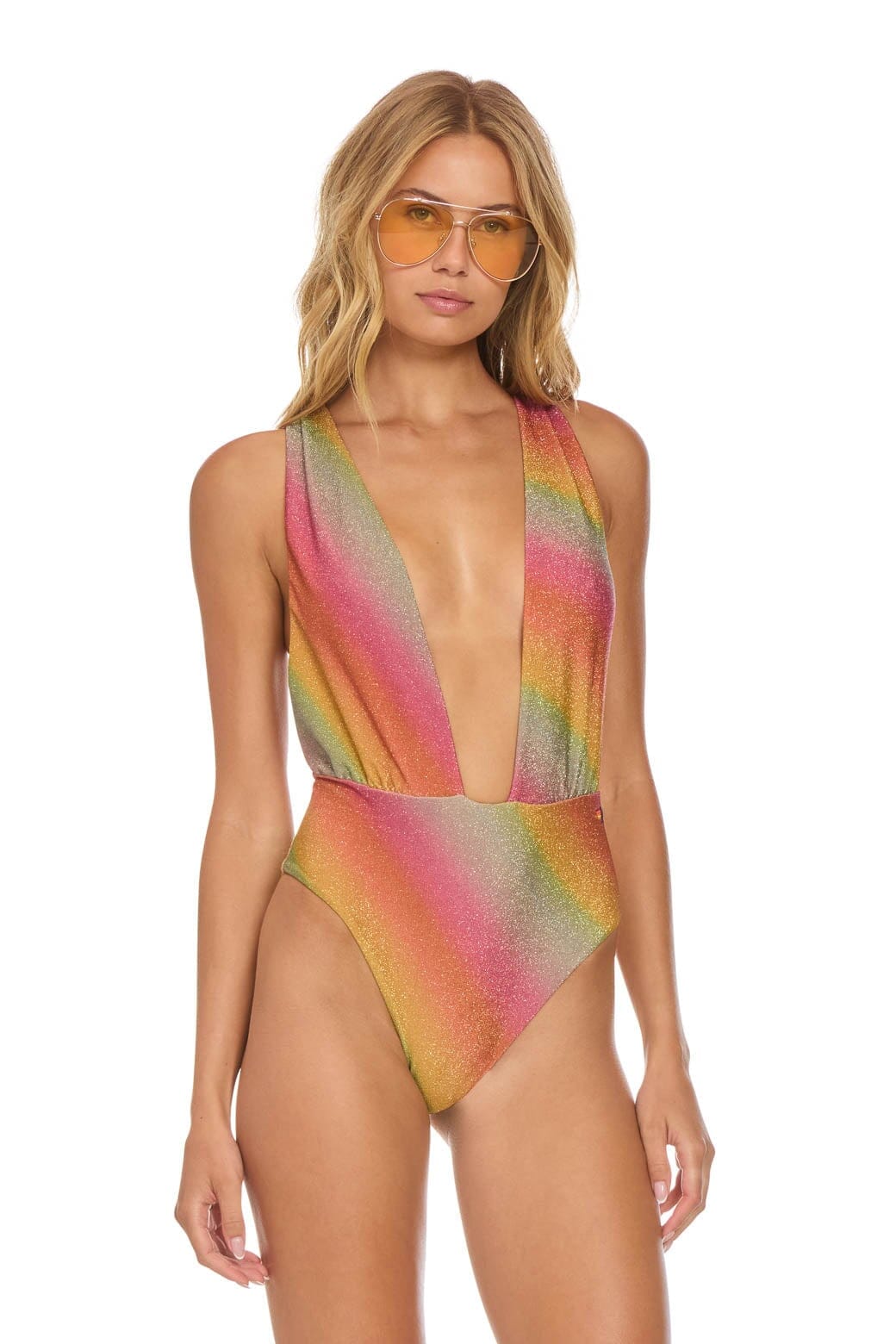Retro SPARKLE COMO DEEP PLUNGE CROSS BACK WOMENS ONE PIECE - RAINBOW
