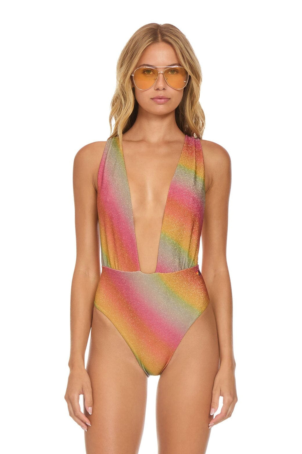 Retro SPARKLE COMO DEEP PLUNGE CROSS BACK WOMENS ONE PIECE - RAINBOW