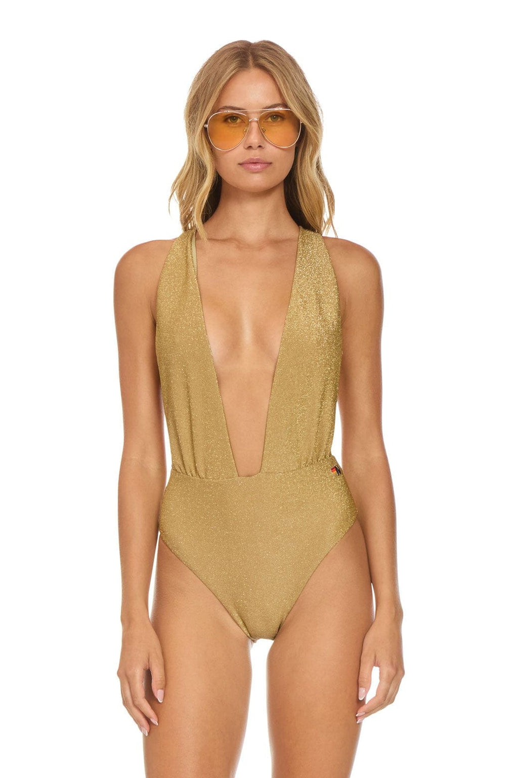 Retro SPARKLE COMO DEEP PLUNGE CROSS BACK WOMENS ONE PIECE - SAND