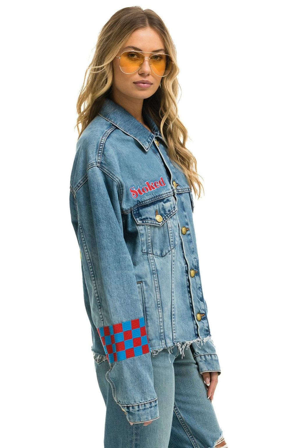 Retro STOKED BOLT SMILEY OVERSIZED CUTOFF DENIM JACKET - VINTAGE