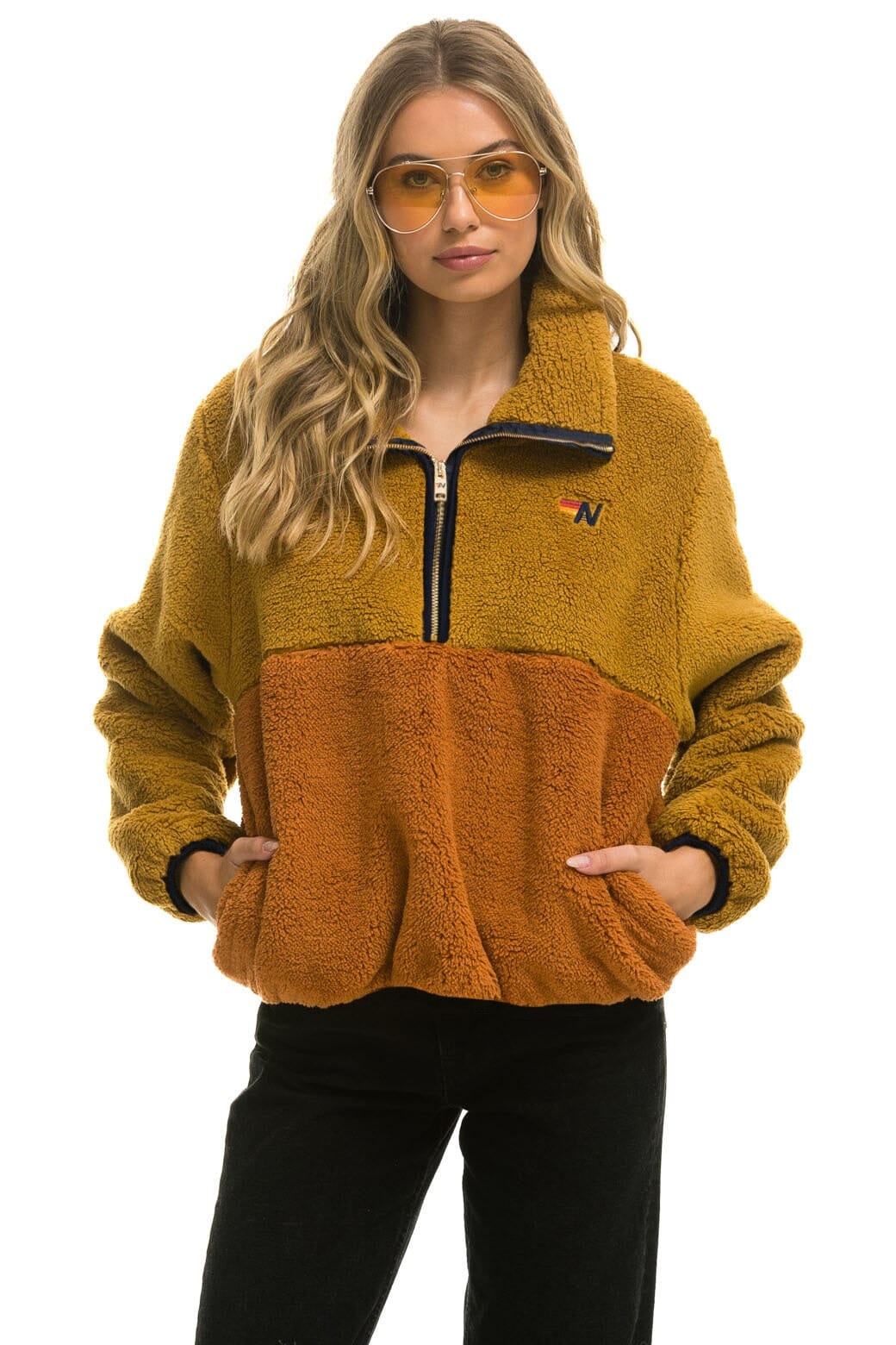 Retro TEDDY APRES HALF ZIP COLOR BLOCK JACKET - HONEY