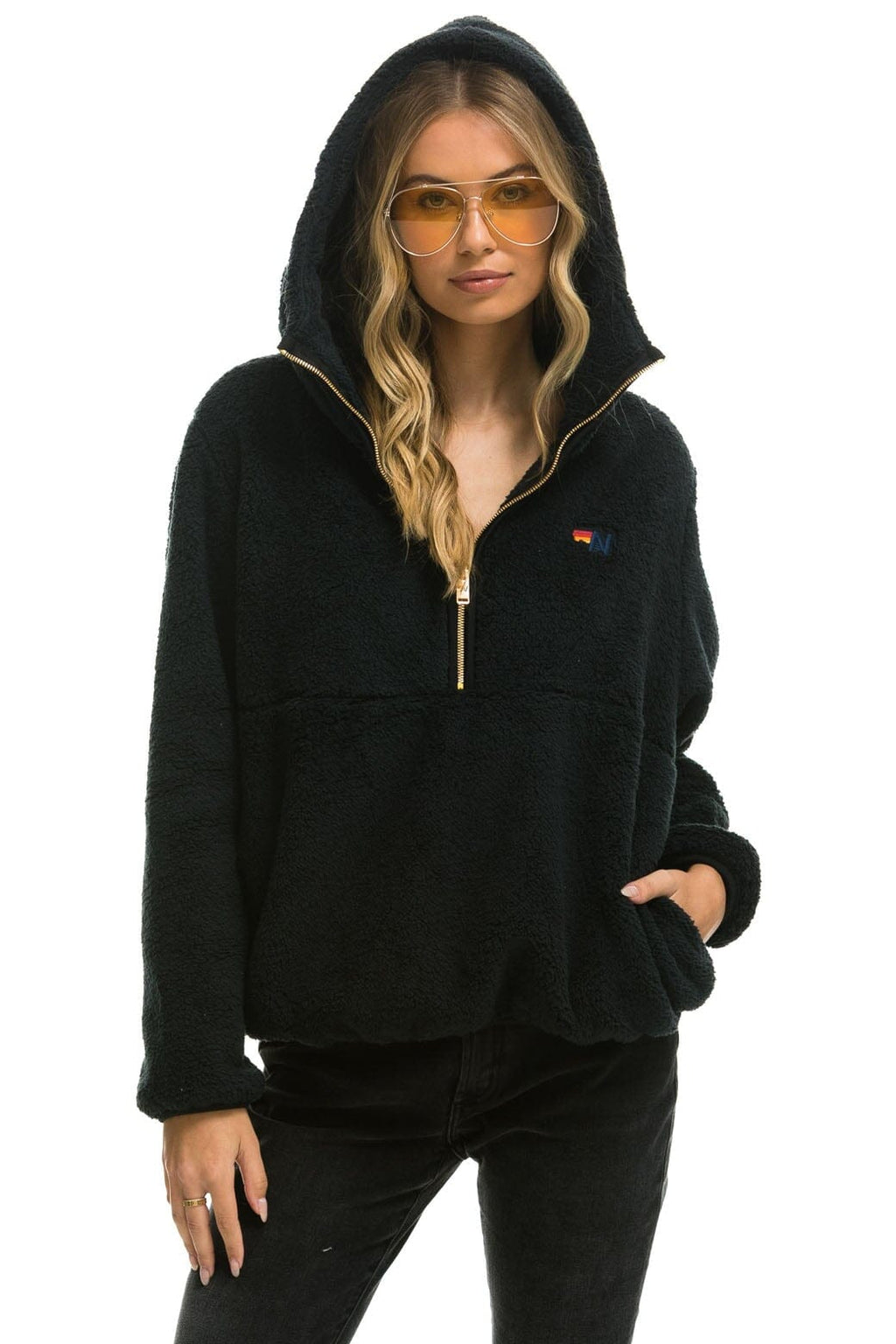 Retro TEDDY APRES HOODED HALF ZIP JACKET - BLACK
