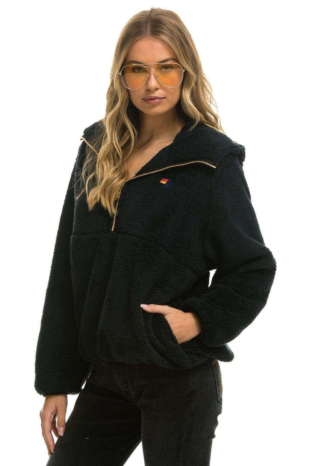 Retro TEDDY APRES HOODED HALF ZIP JACKET - BLACK