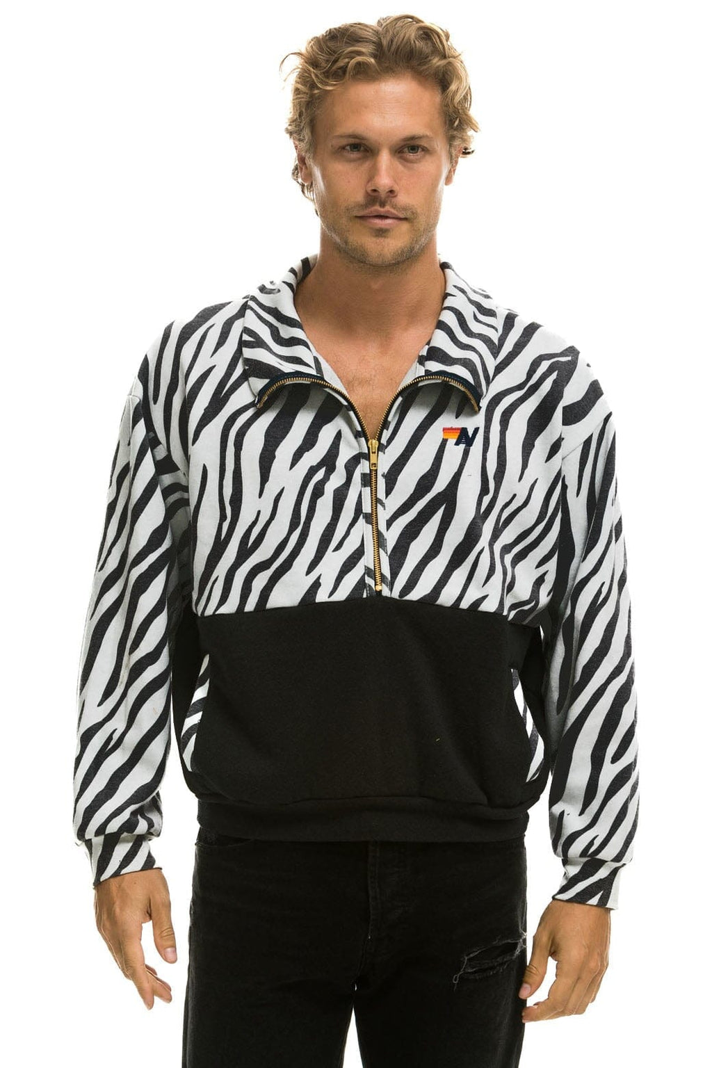 Retro ZEBRA FLEECE UNISEX HALF ZIP COLOR BLOCK JACKET - ZEBRA