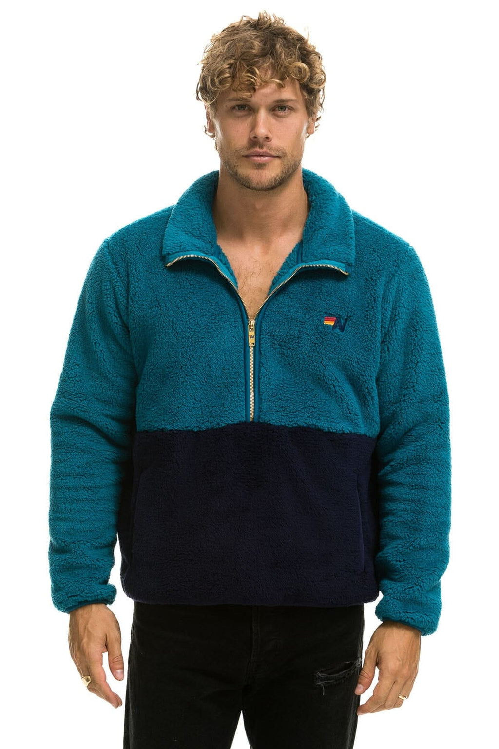 Retro TEDDY UNISEX HALF ZIP COLOR BLOCK JACKET - CAPRI