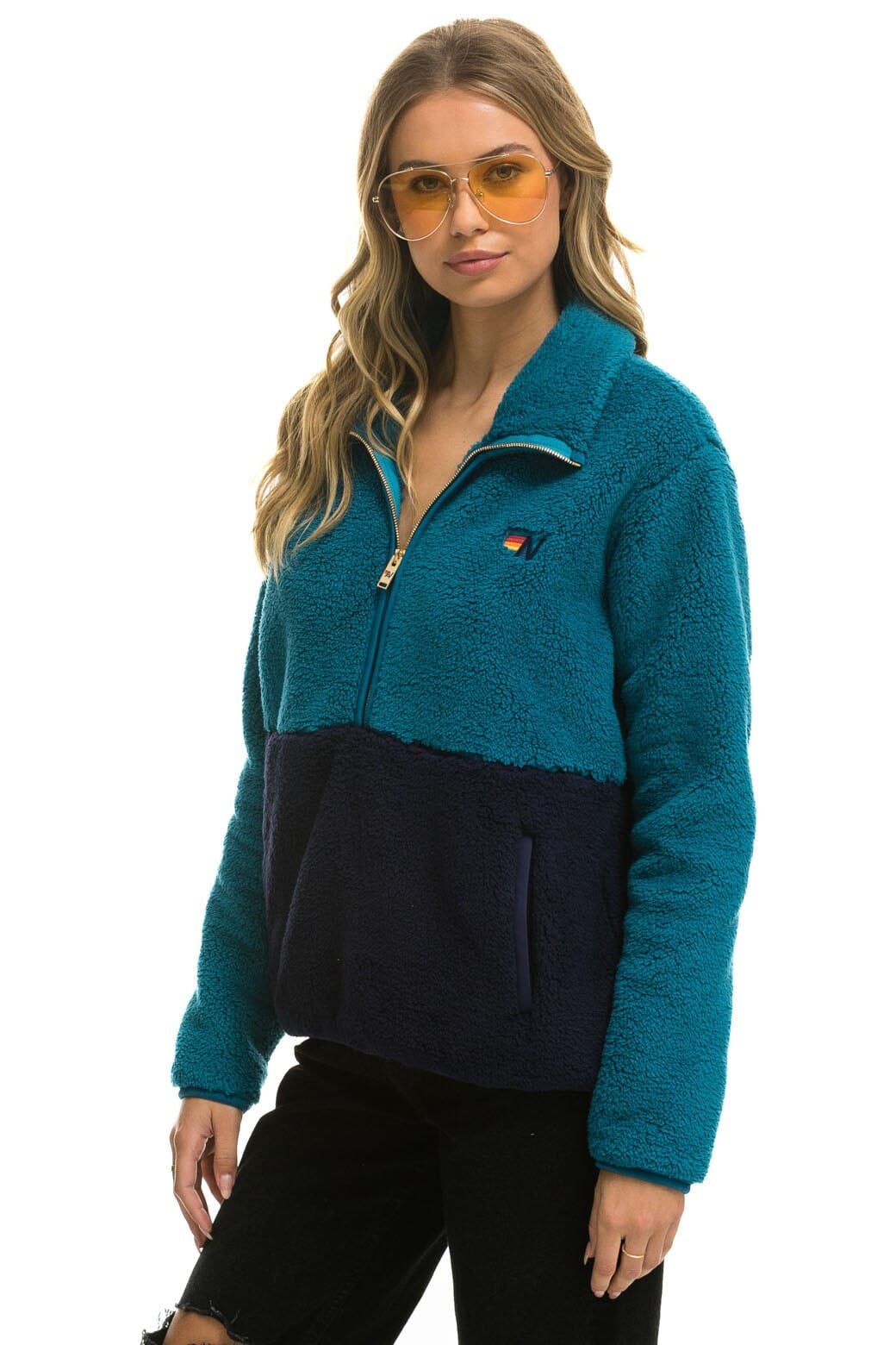 Retro TEDDY UNISEX HALF ZIP COLOR BLOCK JACKET - CAPRI