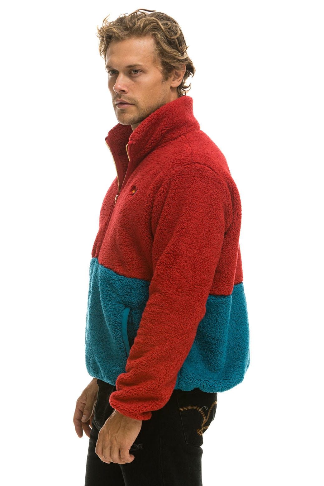 Retro TEDDY UNISEX HALF ZIP COLOR BLOCK JACKET - CHERRY