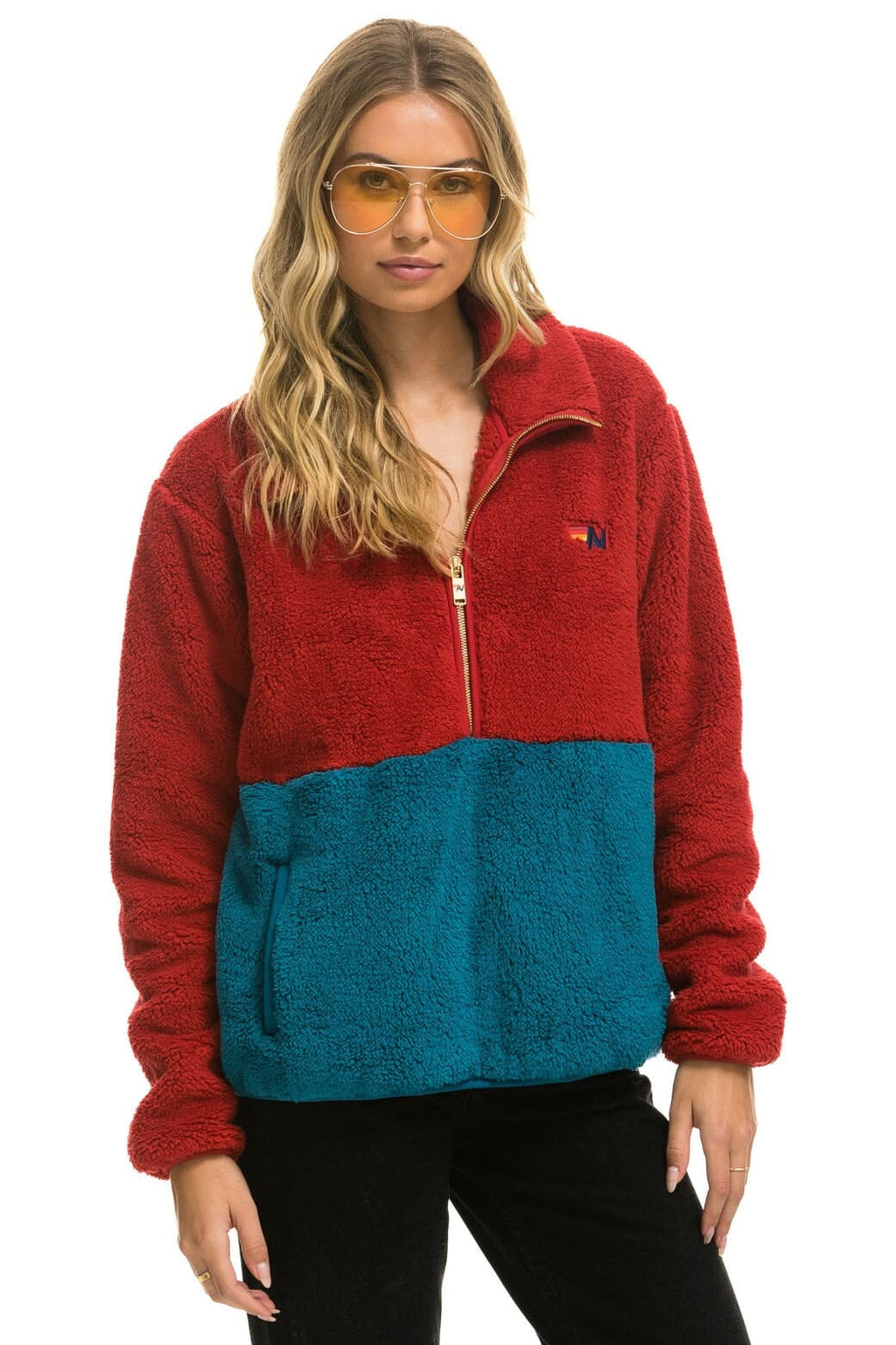 Retro TEDDY UNISEX HALF ZIP COLOR BLOCK JACKET - CHERRY