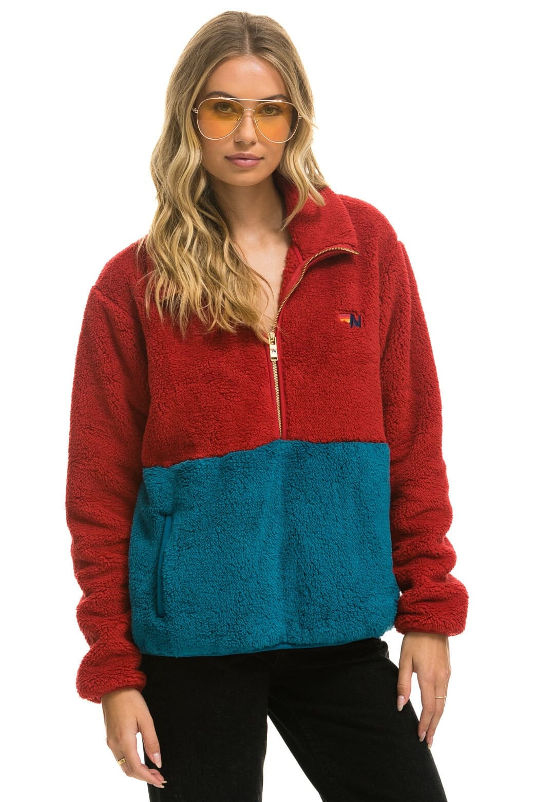 Retro TEDDY UNISEX HALF ZIP COLOR BLOCK JACKET - CHERRY