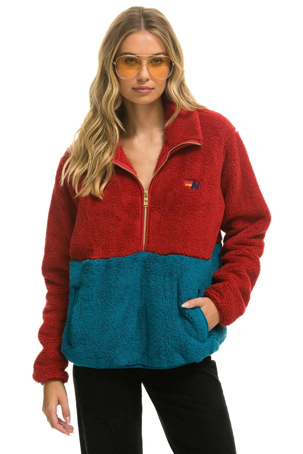 Retro TEDDY UNISEX HALF ZIP COLOR BLOCK JACKET - CHERRY
