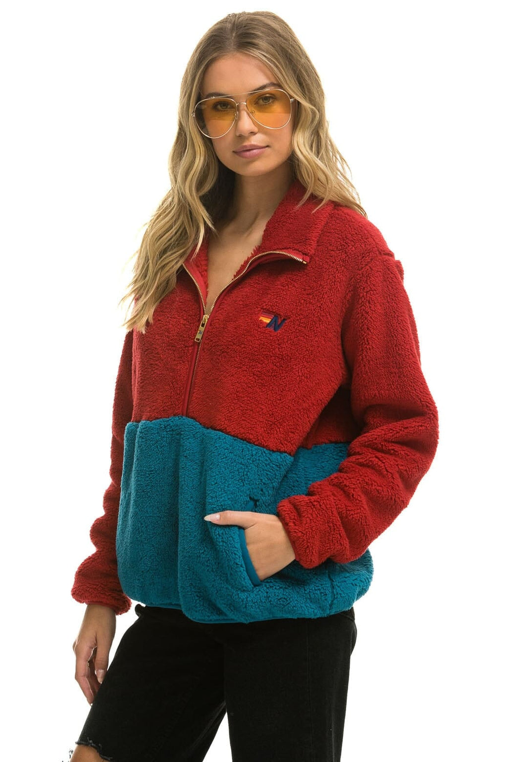 Retro TEDDY UNISEX HALF ZIP COLOR BLOCK JACKET - CHERRY