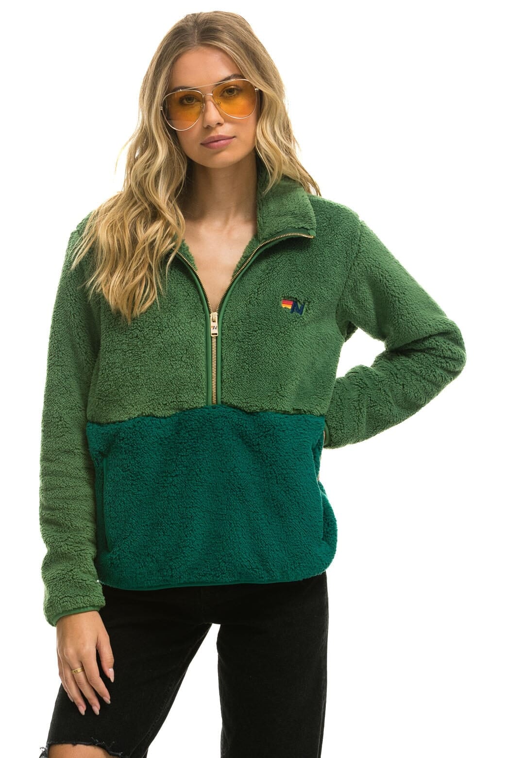 Retro TEDDY UNISEX HALF ZIP COLOR BLOCK JACKET - GARDEN GREEN