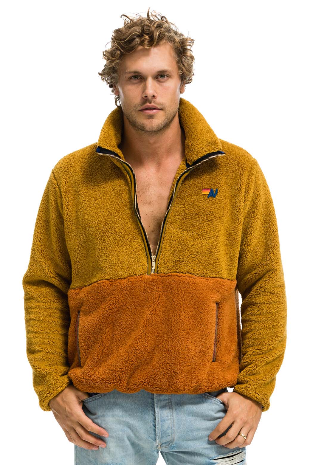 Retro TEDDY UNISEX HALF ZIP COLOR BLOCK JACKET - HONEY