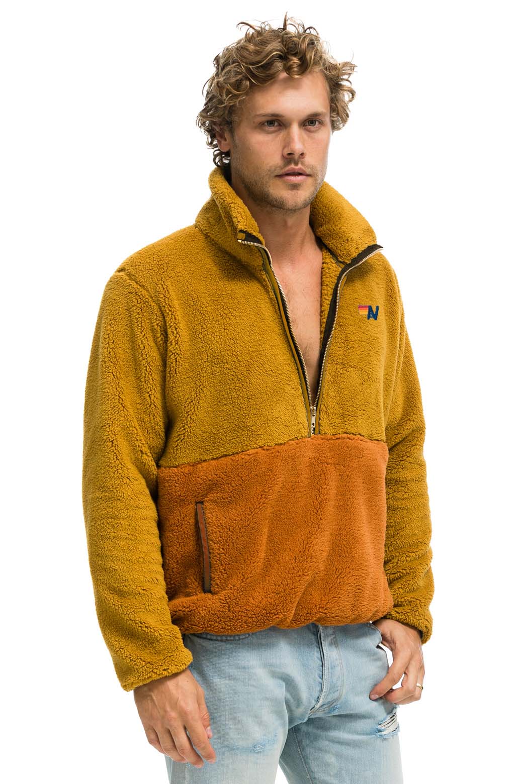 Retro TEDDY UNISEX HALF ZIP COLOR BLOCK JACKET - HONEY