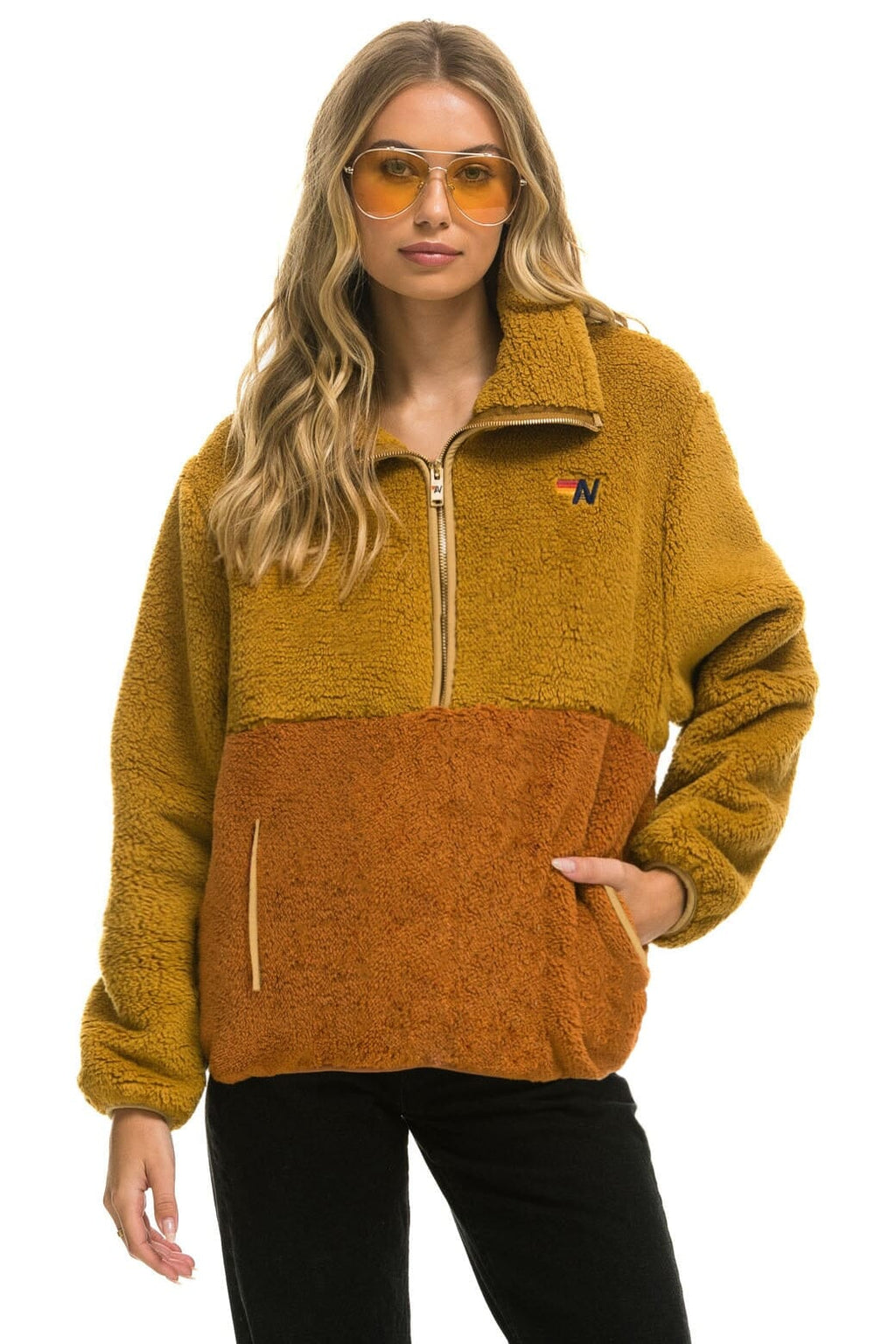 Retro TEDDY UNISEX HALF ZIP COLOR BLOCK JACKET - HONEY
