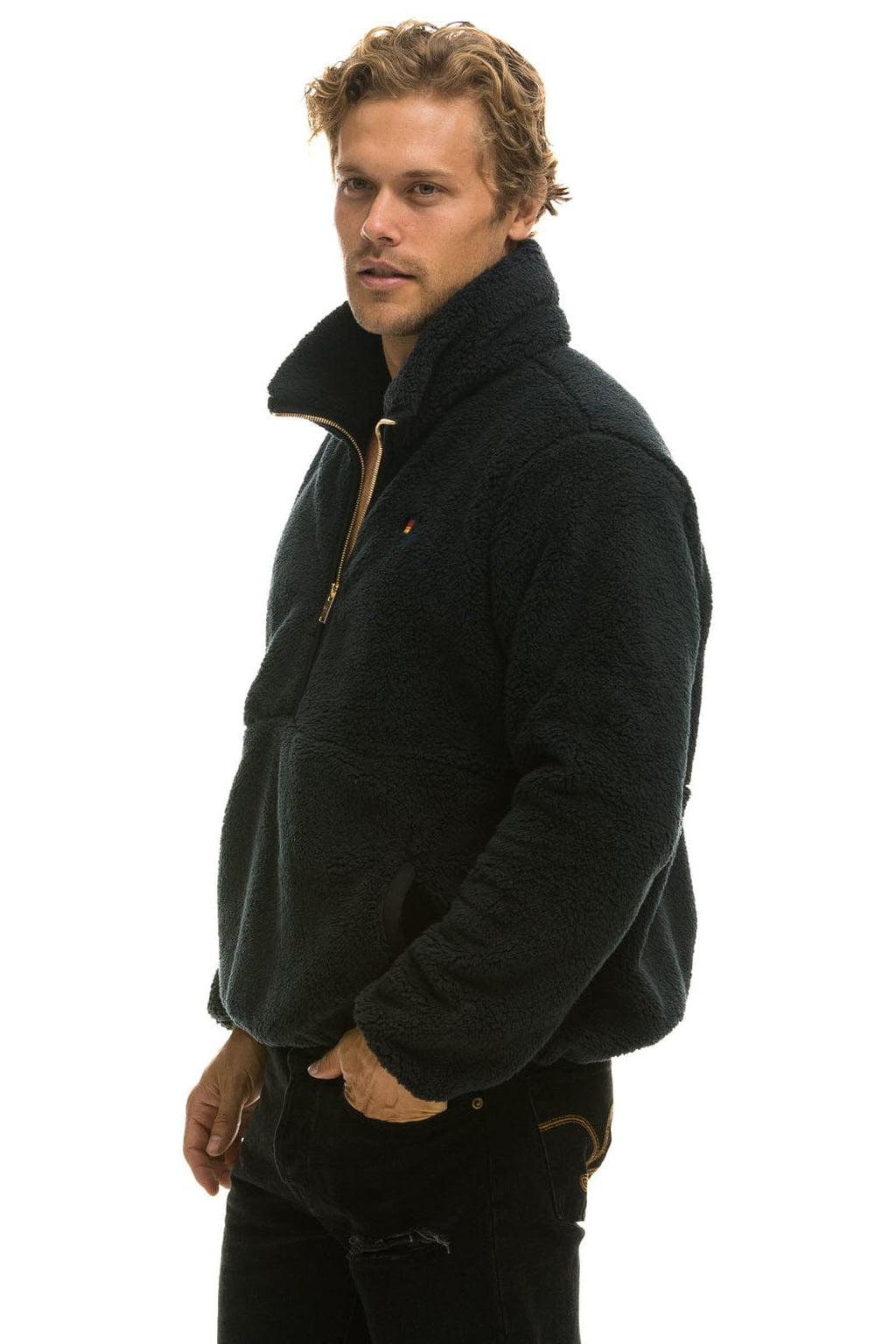 Retro TEDDY UNISEX HALF ZIP JACKET - BLACK