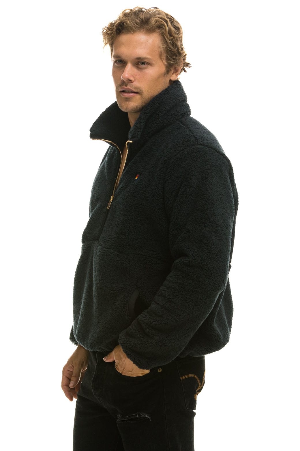 Retro TEDDY UNISEX HALF ZIP JACKET - BLACK