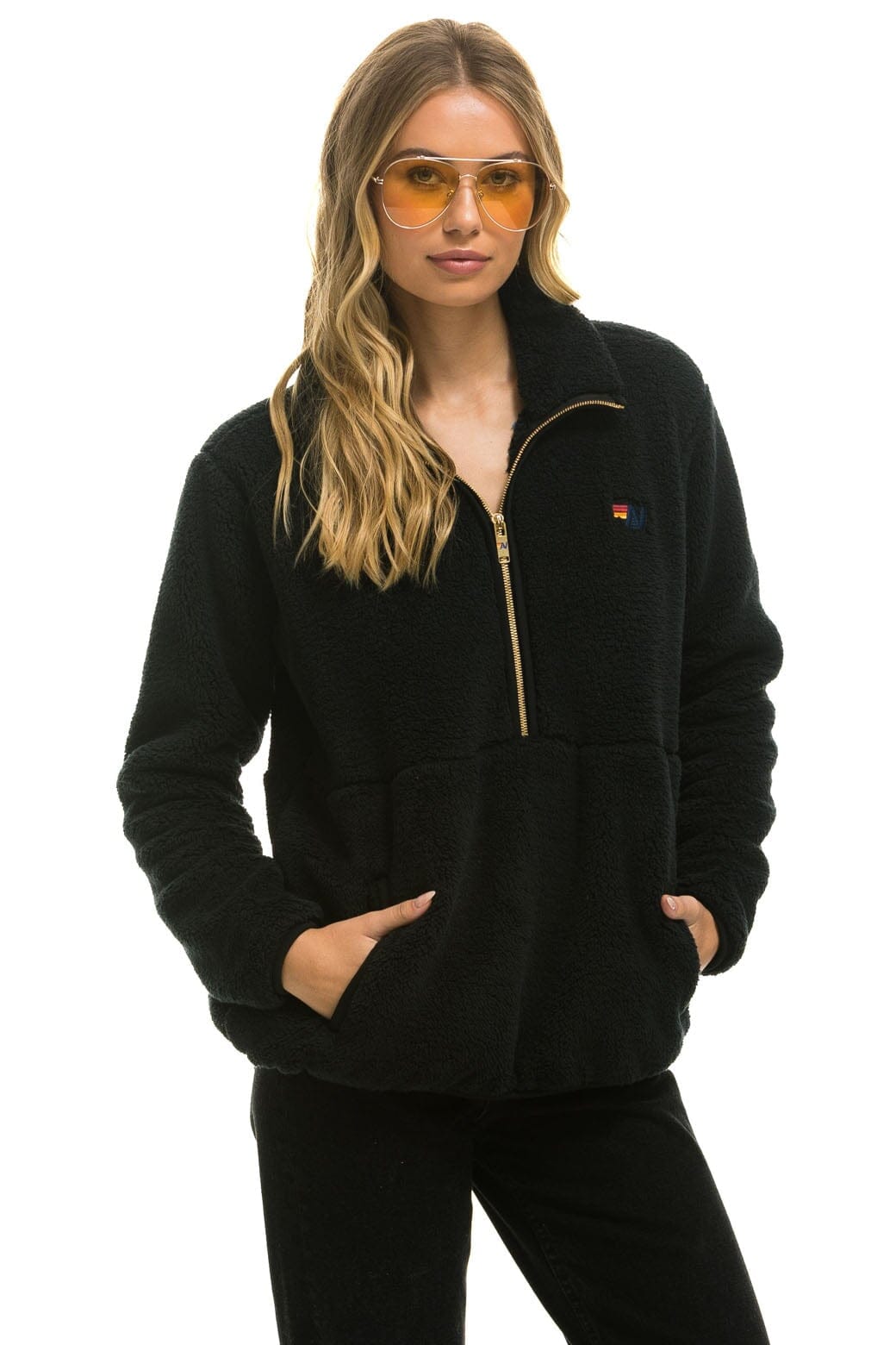 Retro TEDDY UNISEX HALF ZIP JACKET - BLACK