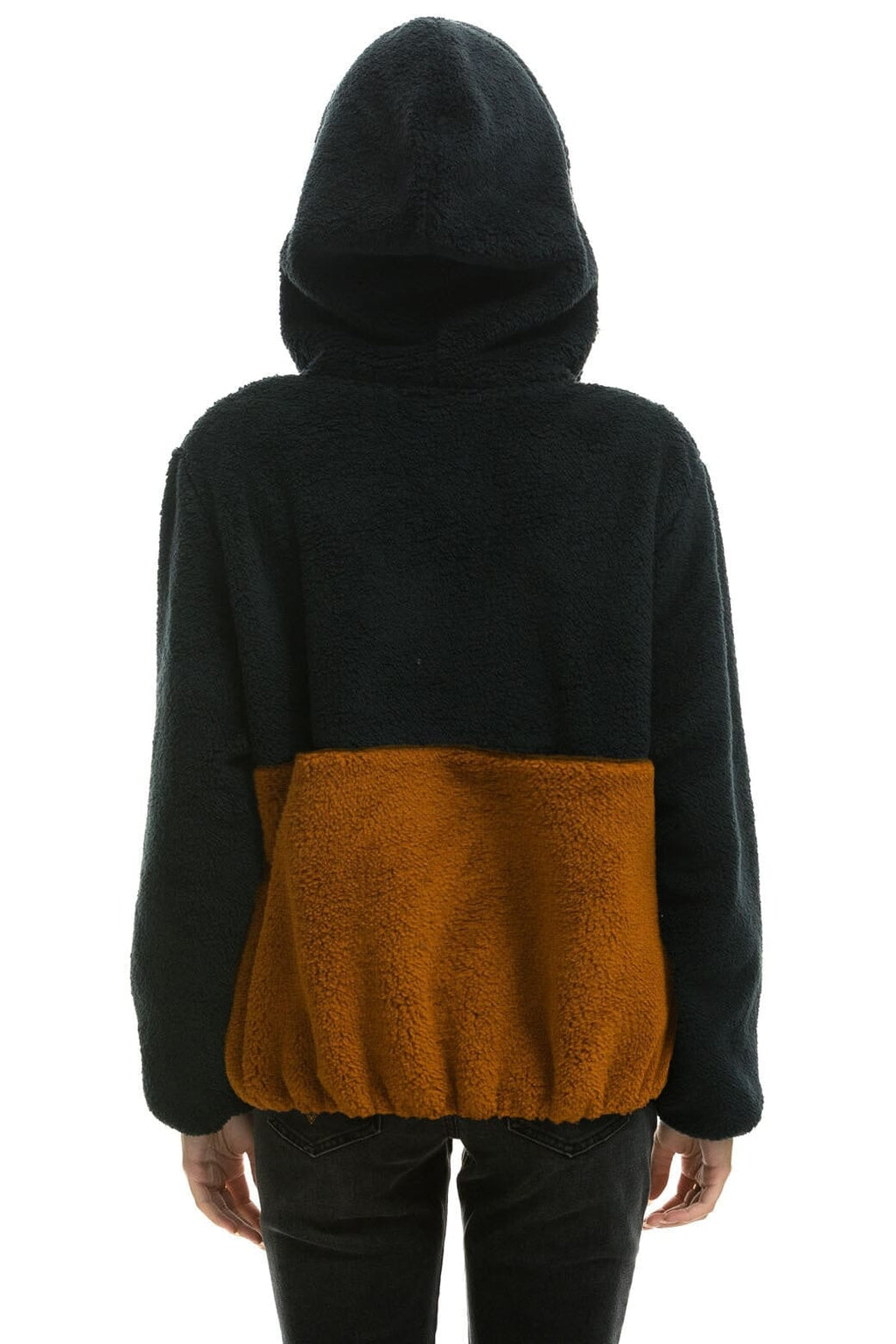 Retro TEDDY UNISEX HOODED HALF ZIP COLOR BLOCK JACKET - BLACK