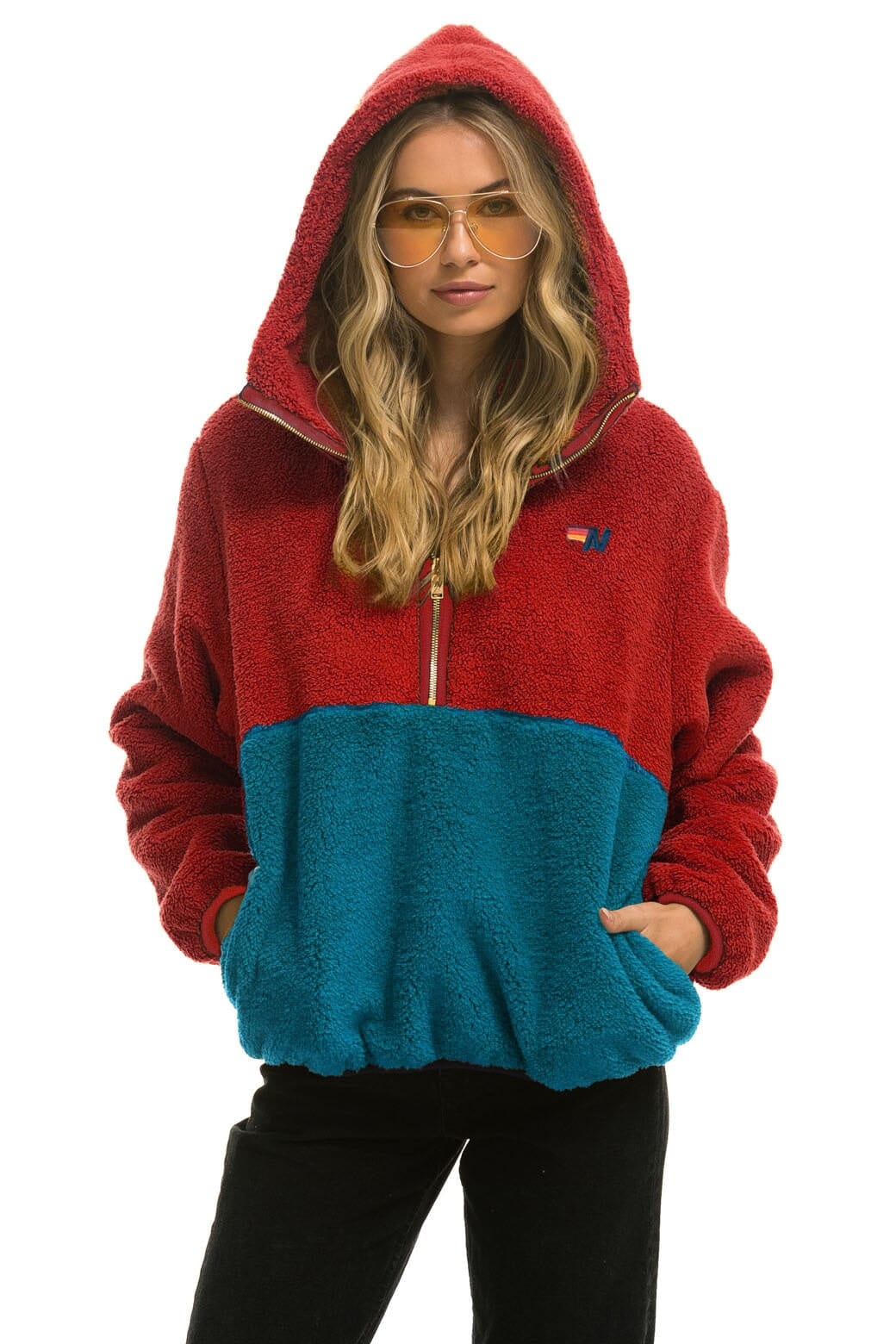 Retro TEDDY UNISEX HOODED HALF ZIP COLOR BLOCK JACKET - CHERRY