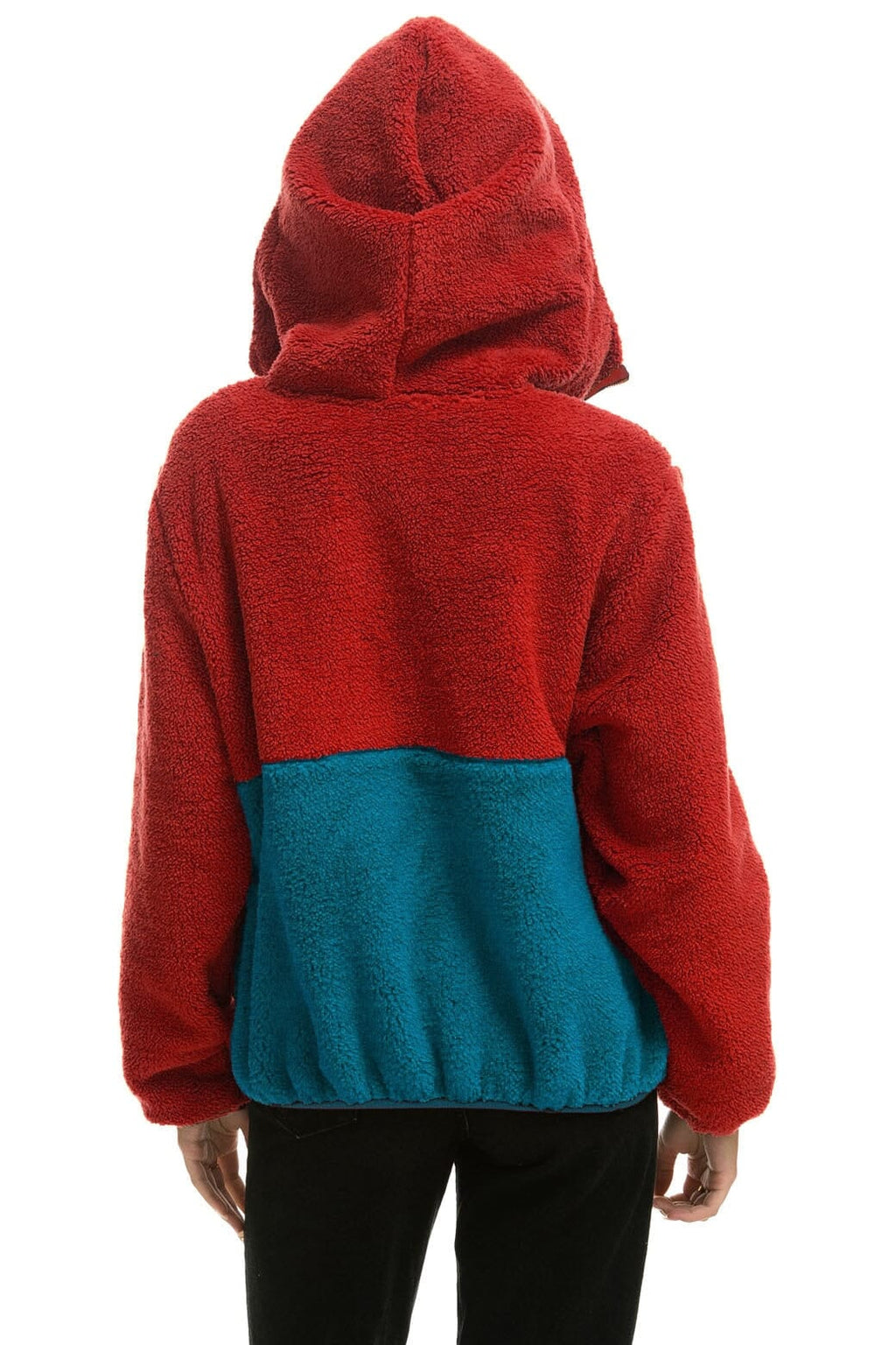 Retro TEDDY UNISEX HOODED HALF ZIP COLOR BLOCK JACKET - CHERRY