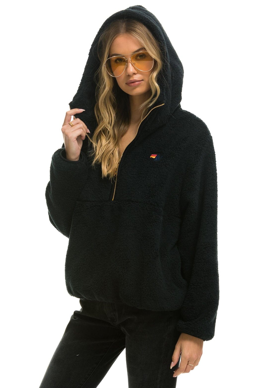 Retro TEDDY UNISEX HOODED HALF ZIP JACKET - BLACK