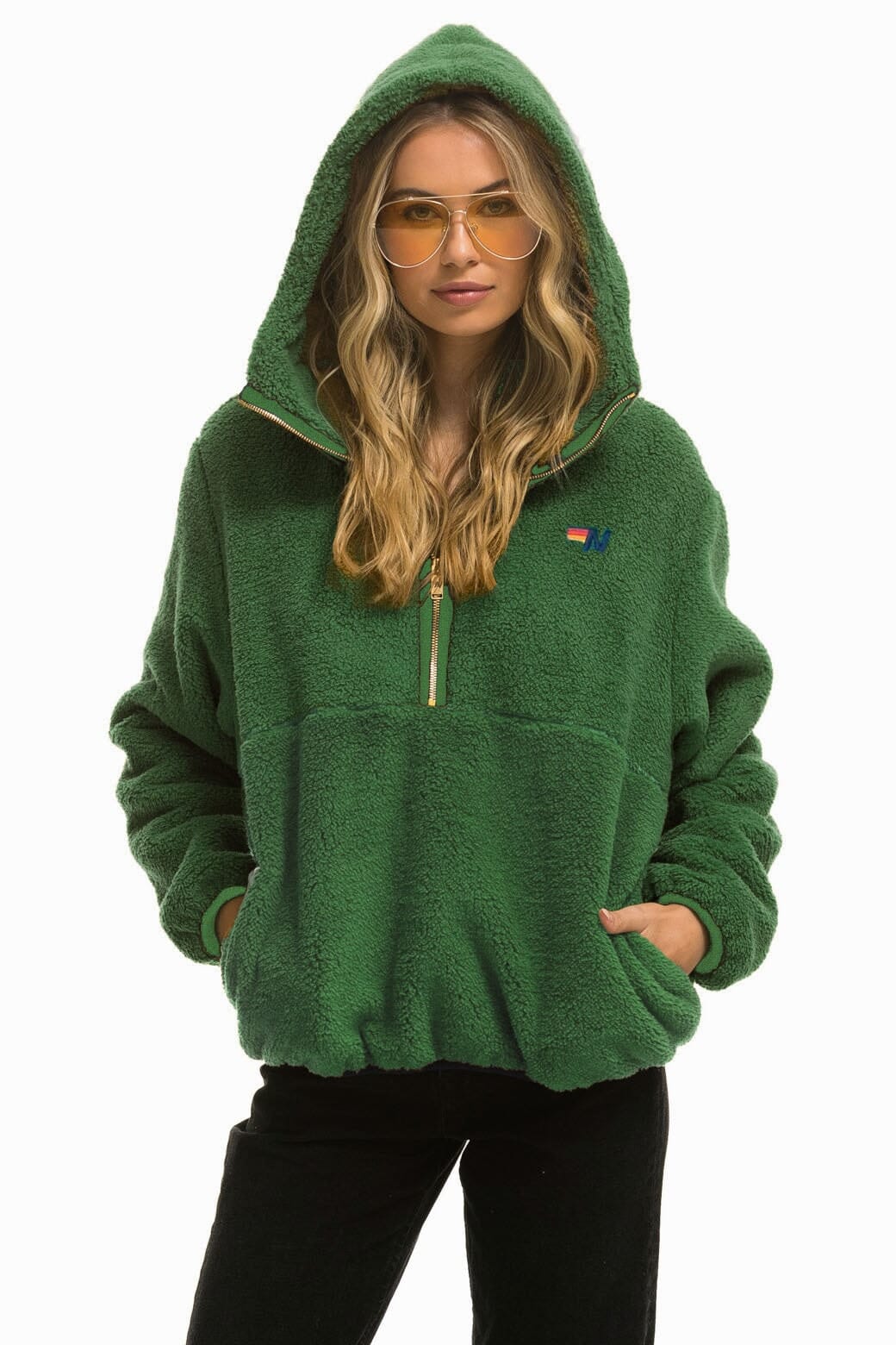 Retro TEDDY UNISEX HOODED HALF ZIP JACKET - GARDEN GREEN