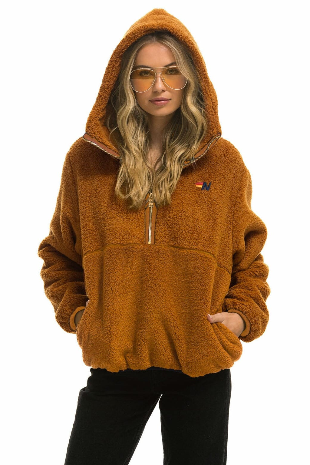 Retro TEDDY UNISEX HOODED HALF ZIP JACKET - WHISKEY