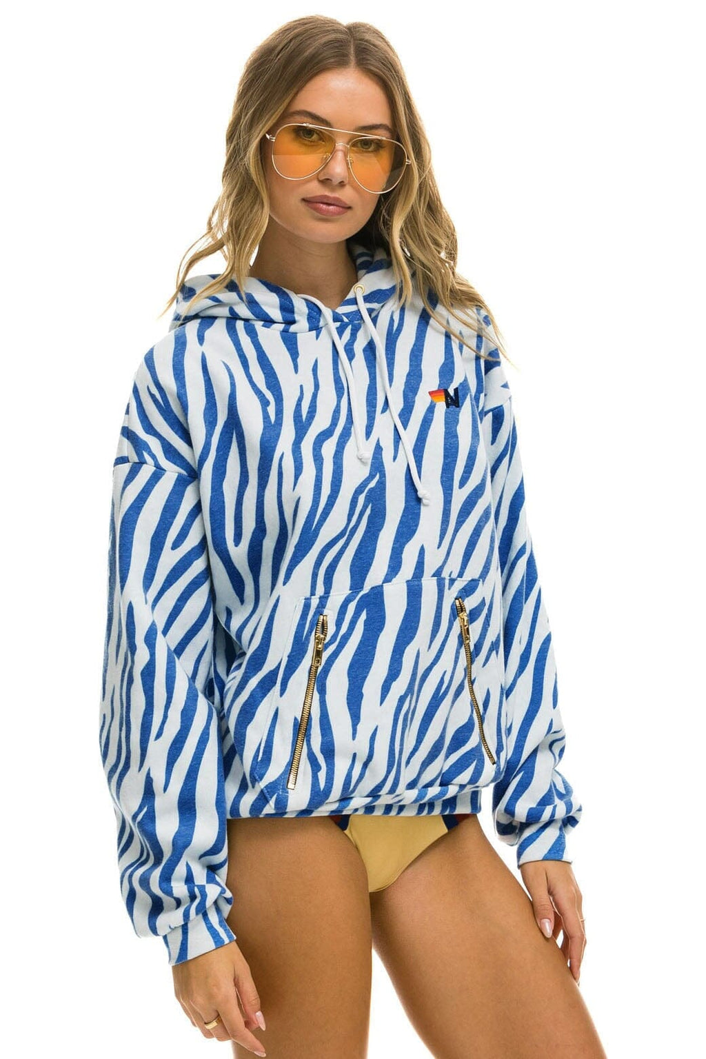 Retro TIGER RELAXED PULLOVER HOODIE WITH ZIPPER POCKETS - BLUE TIGER