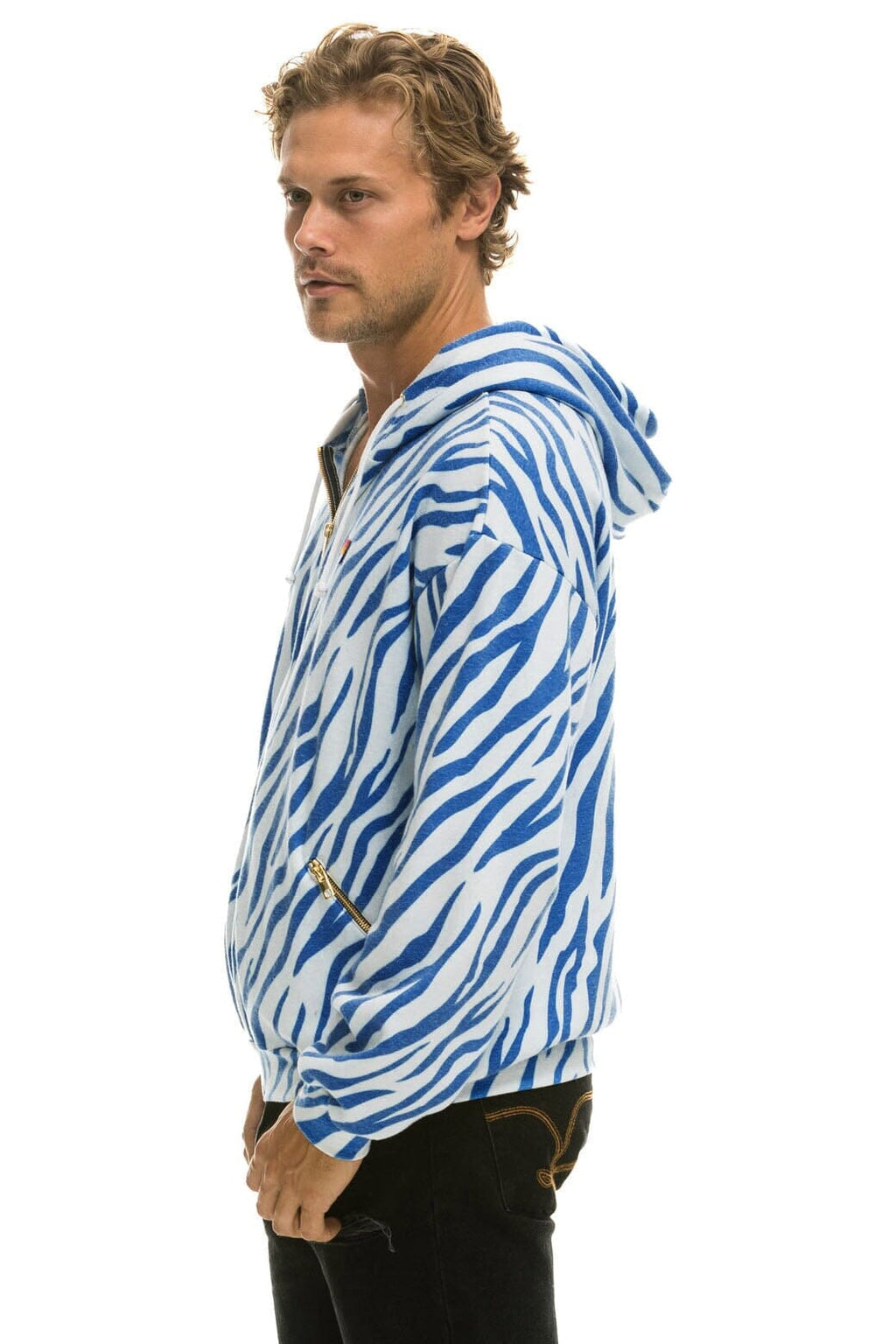 Retro TIGER RELAXED ZIP HOODIE WITH POCKETS - BLUE TIGER