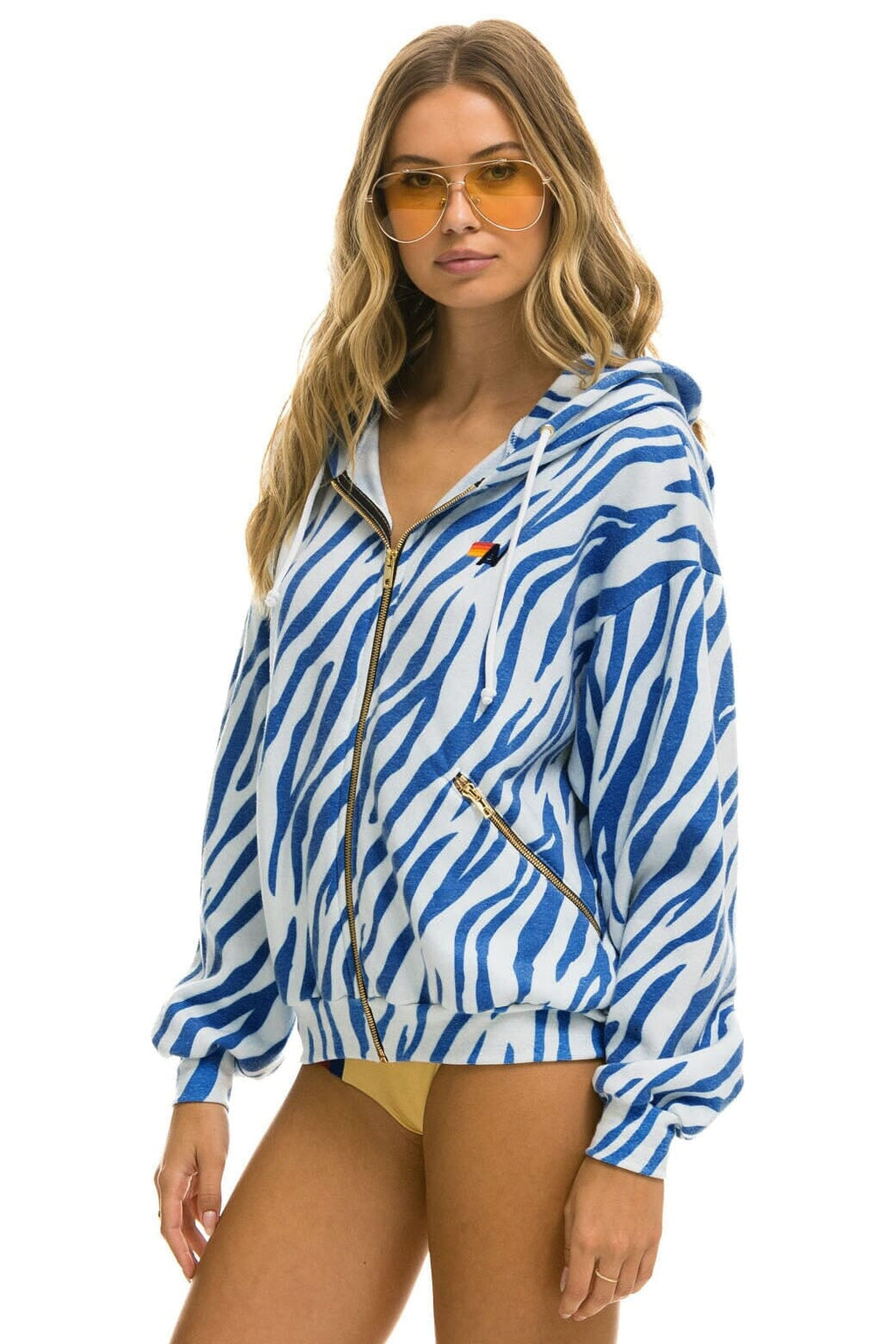Retro TIGER RELAXED ZIP HOODIE WITH POCKETS - BLUE TIGER