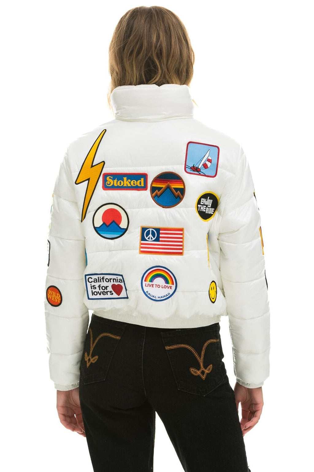Retro VINTAGE PATCH APRES PUFFER JACKET - WHITE GLOSSY